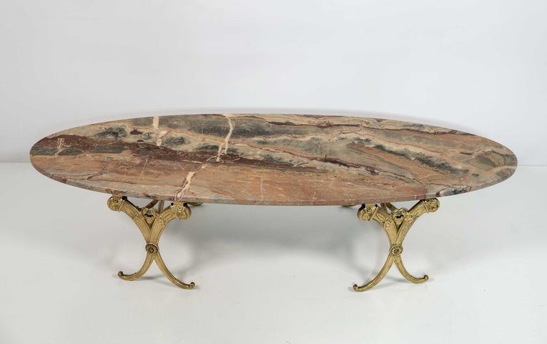 Mid-20th Century Neoclassical Style Italian Brass and Marble Oval Coffee Table, 1950s For Sale