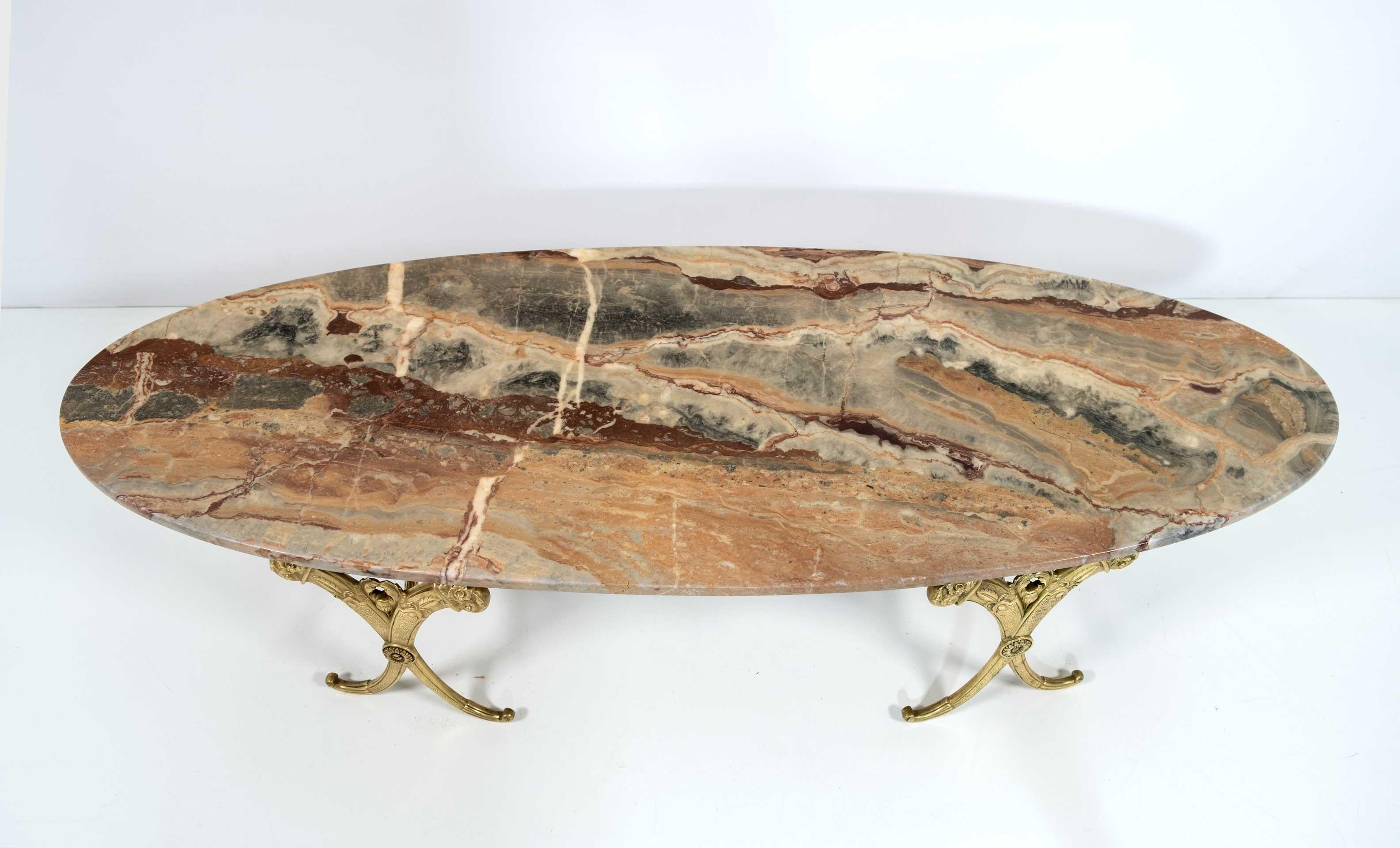 Neoclassical Style Italian Brass and Marble Oval Coffee Table, 1950s 1