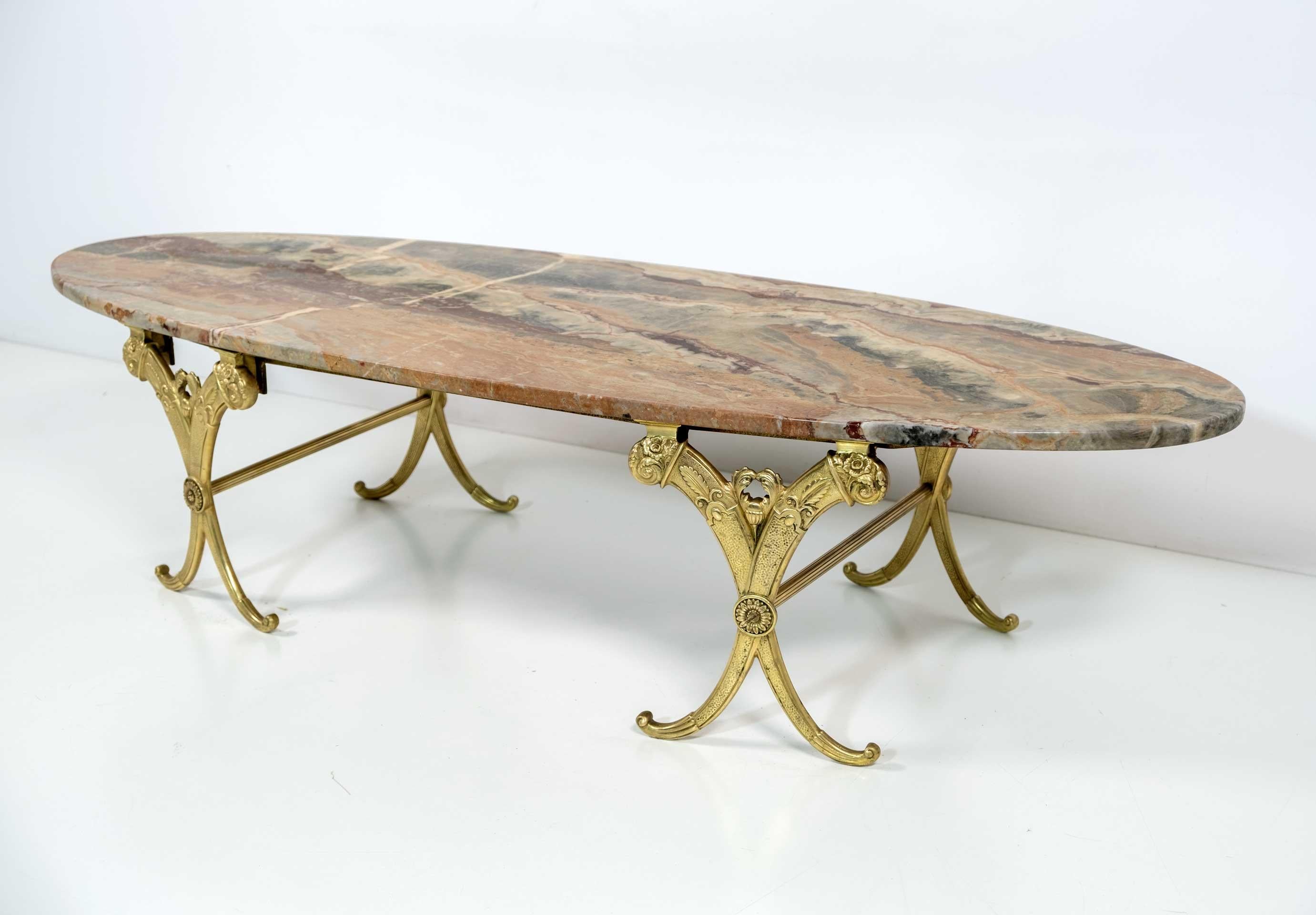 Neoclassical Style Italian Brass and Marble Oval Coffee Table, 1950s 2