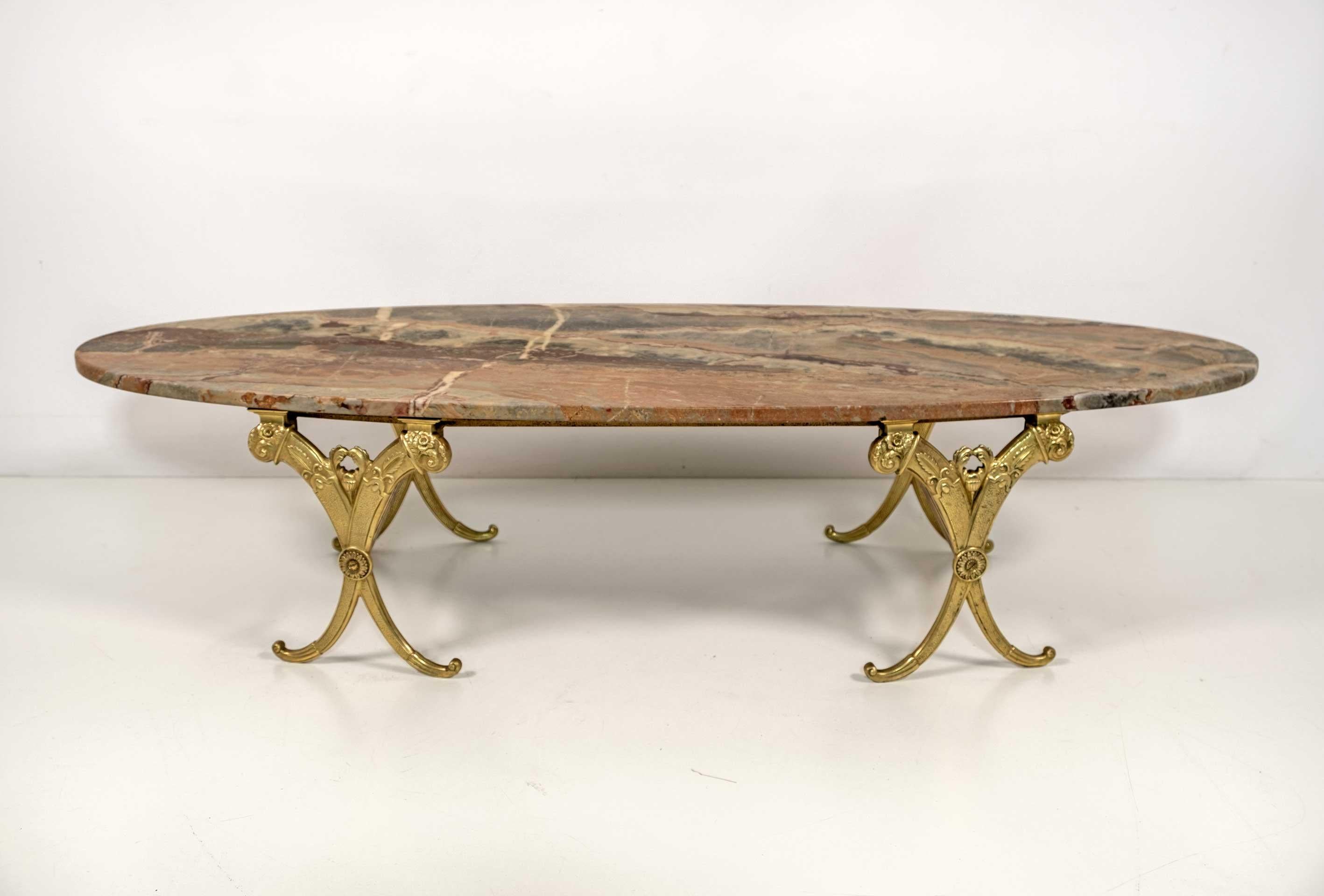 Neoclassical Style Italian Brass and Marble Oval Coffee Table, 1950s 3