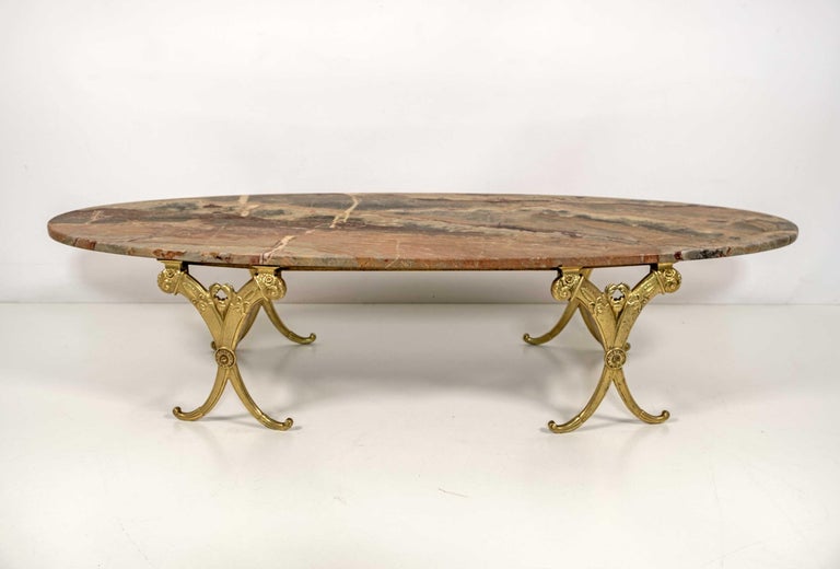 Neoclassical Style Italian Brass and Marble Oval Coffee Table, 1950s For Sale 3