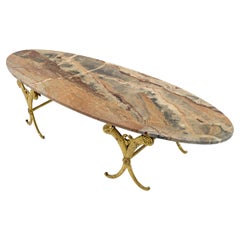 Neoclassical Style Italian Brass and Marble Oval Coffee Table, 1950s