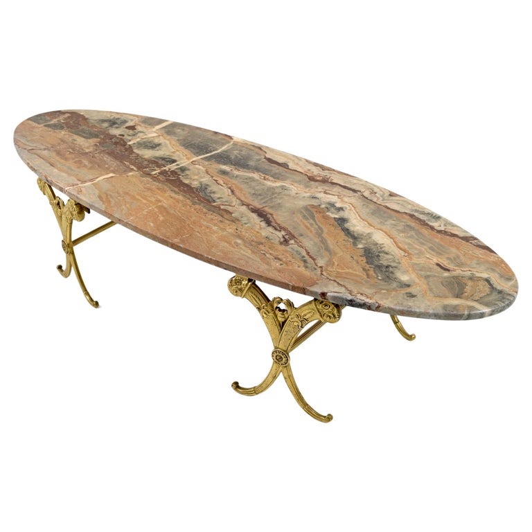 Neoclassical Style Italian Brass and Marble Oval Coffee Table, 1950s For Sale