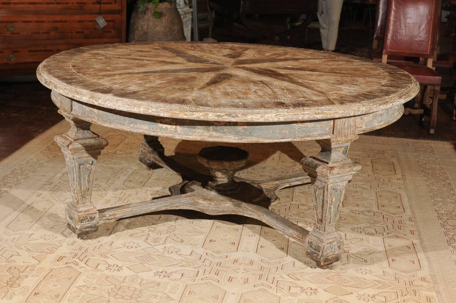 Neoclassical Style Italian Painted Round Dining Table with Column Legs and Inlay 3