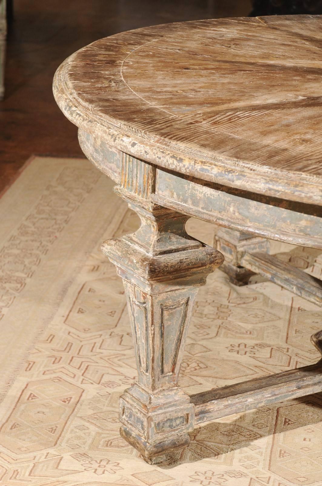 Carved Neoclassical Style Italian Painted Round Dining Table with Column Legs and Inlay