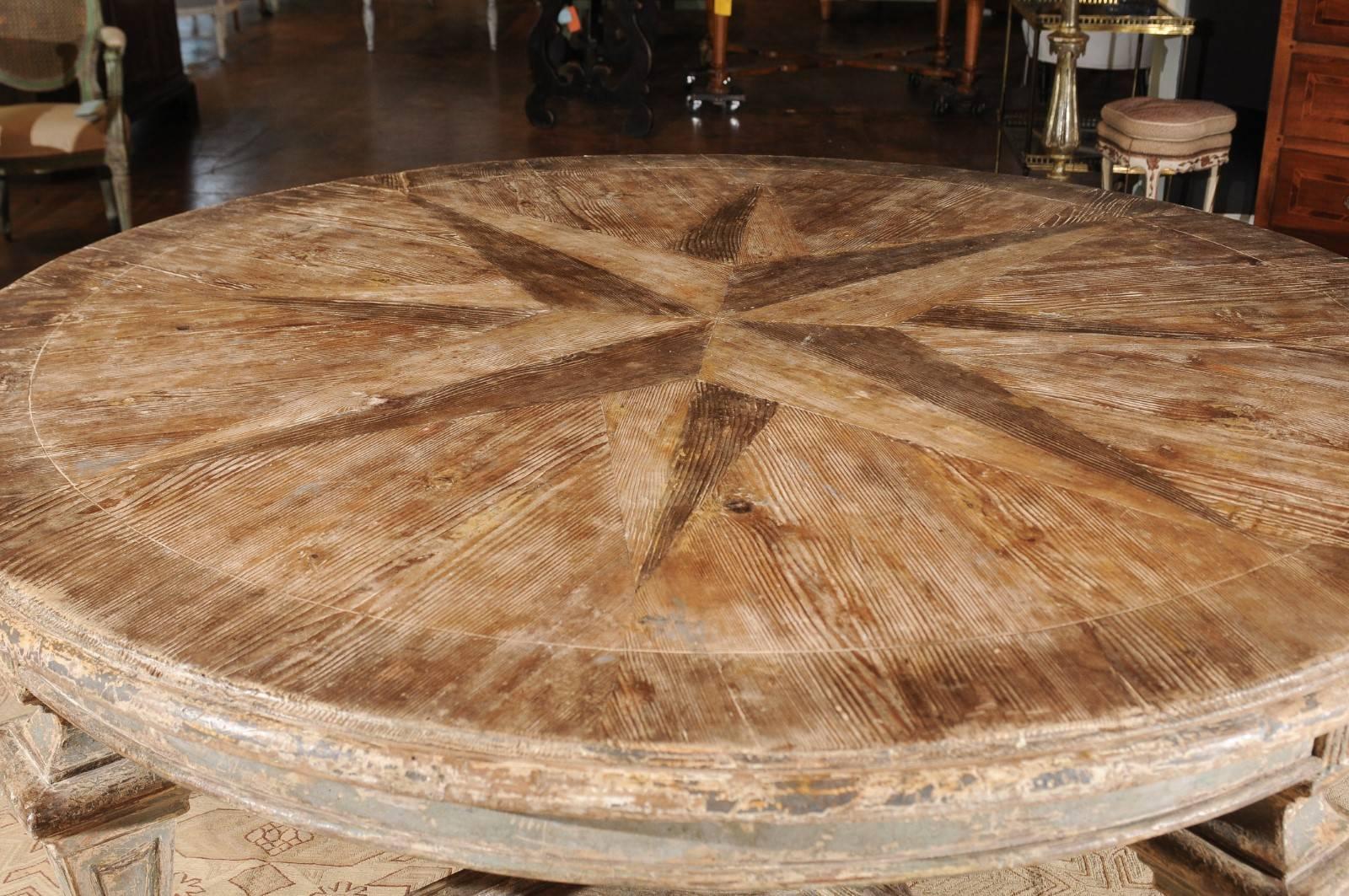 Wood Neoclassical Style Italian Painted Round Dining Table with Column Legs and Inlay