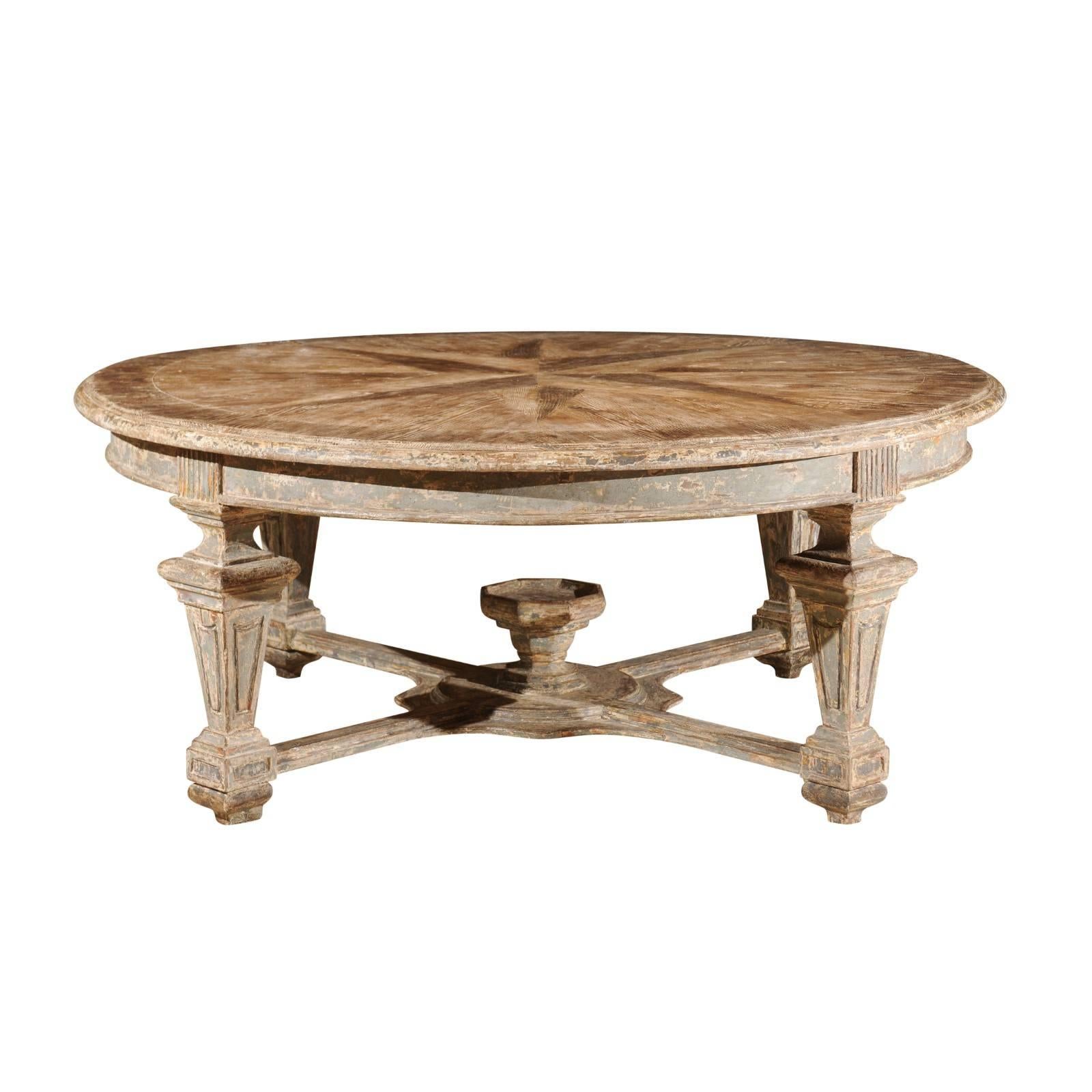Neoclassical Style Italian Painted Round Dining Table with Column Legs and Inlay