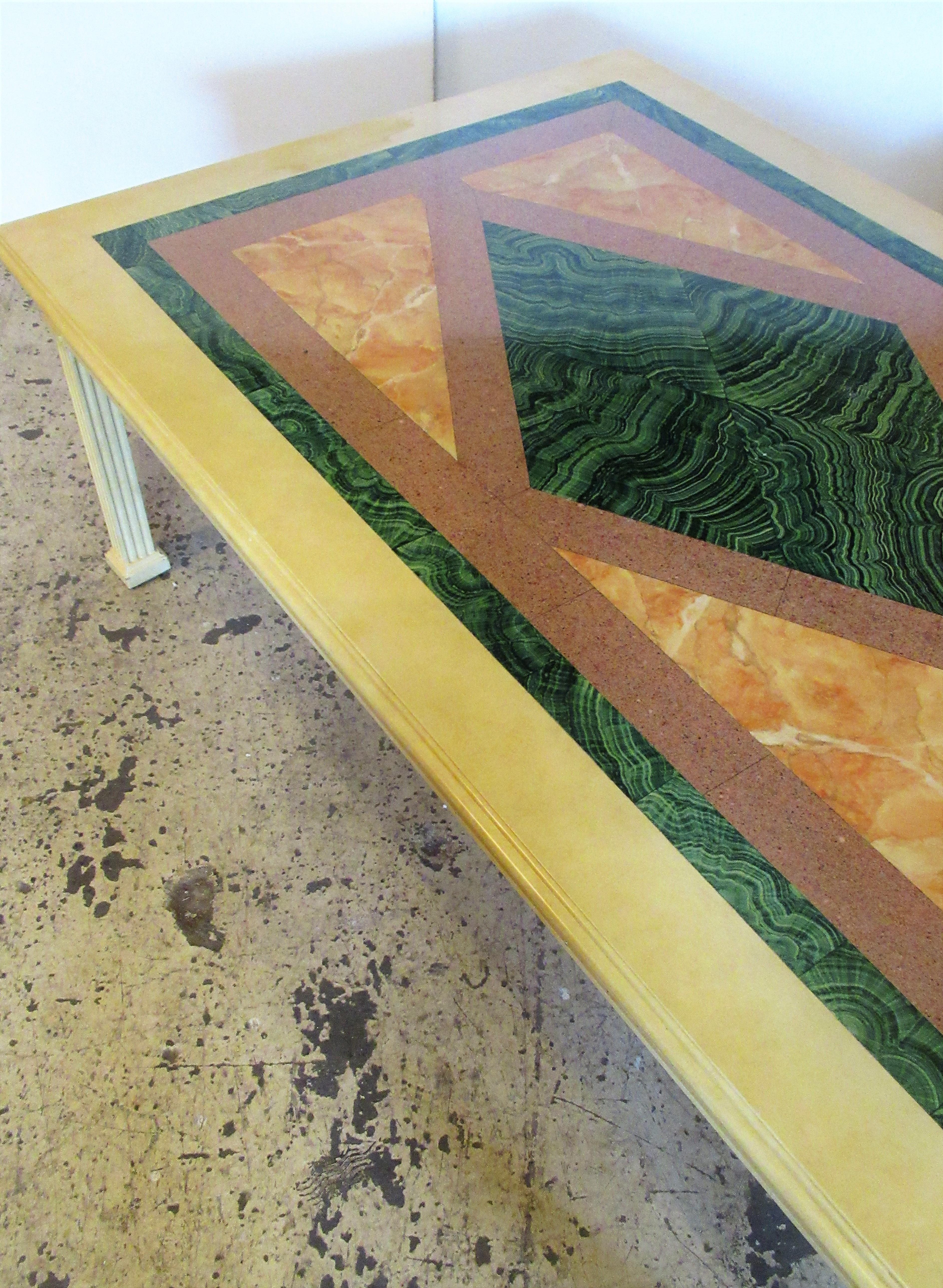 Neoclassical Style Lacquer Coffee Table with Faux Malachite Marble Top 5