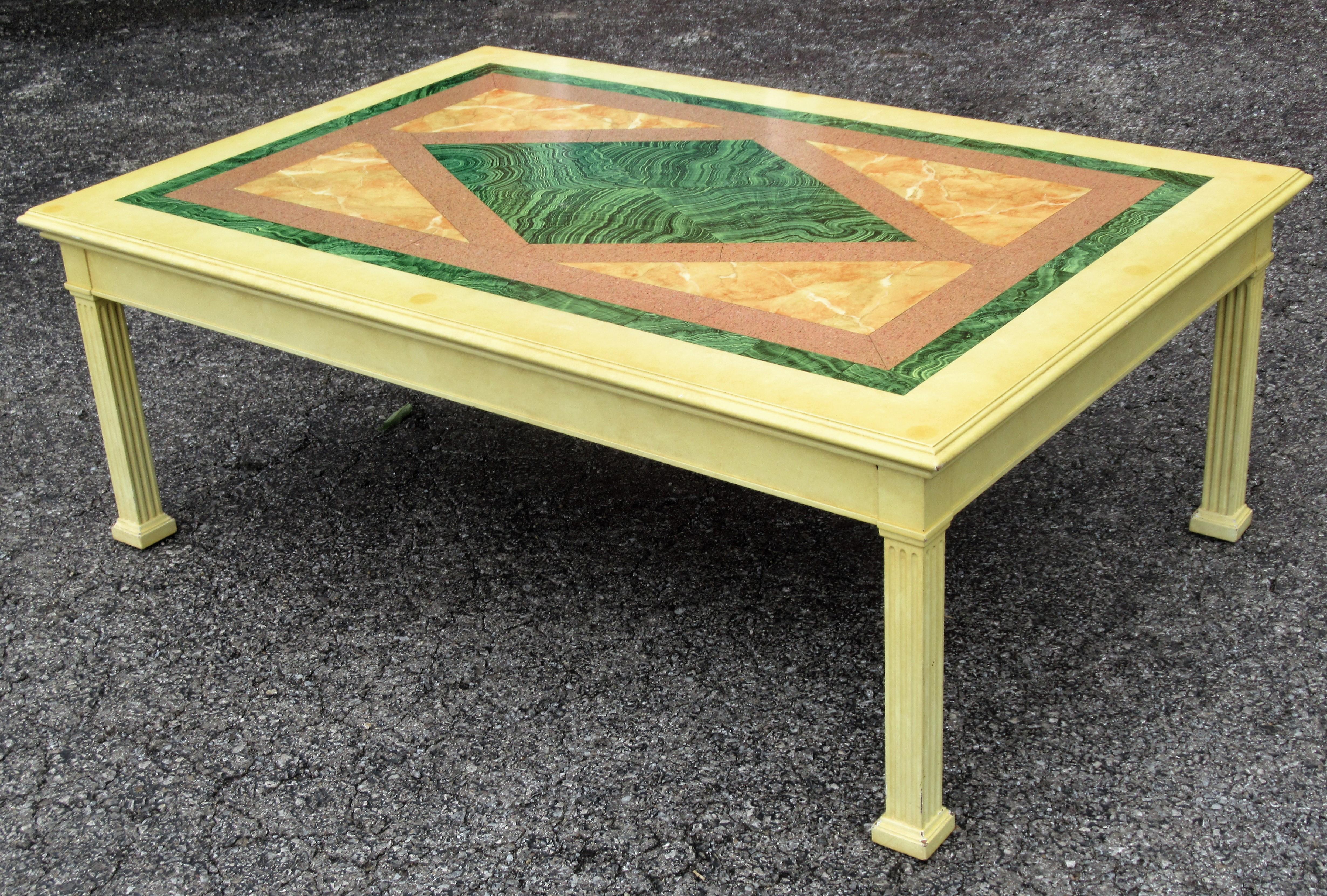 American Neoclassical Style Lacquer Coffee Table with Faux Malachite Marble Top