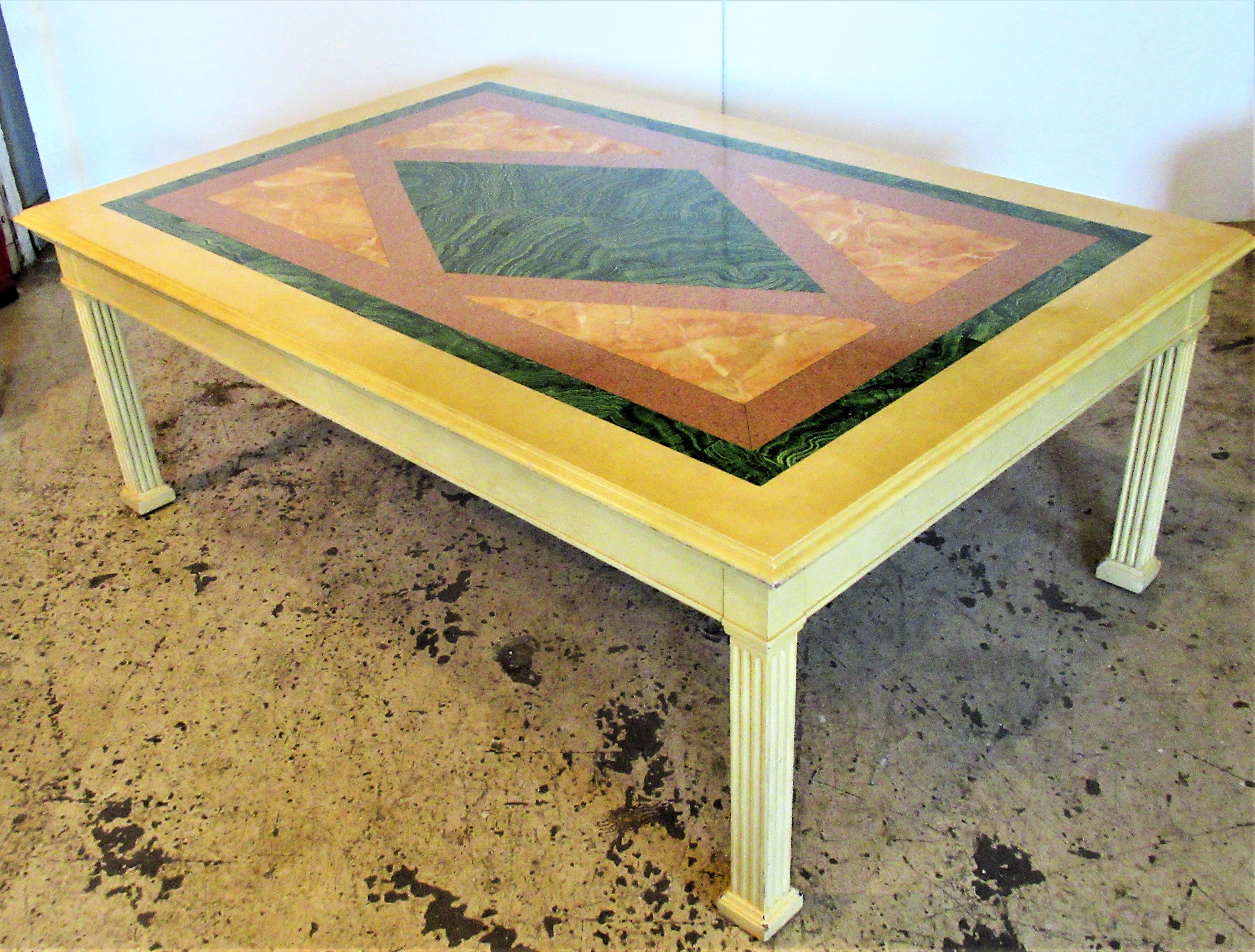 Neoclassical Style Lacquer Coffee Table with Faux Malachite Marble Top 3