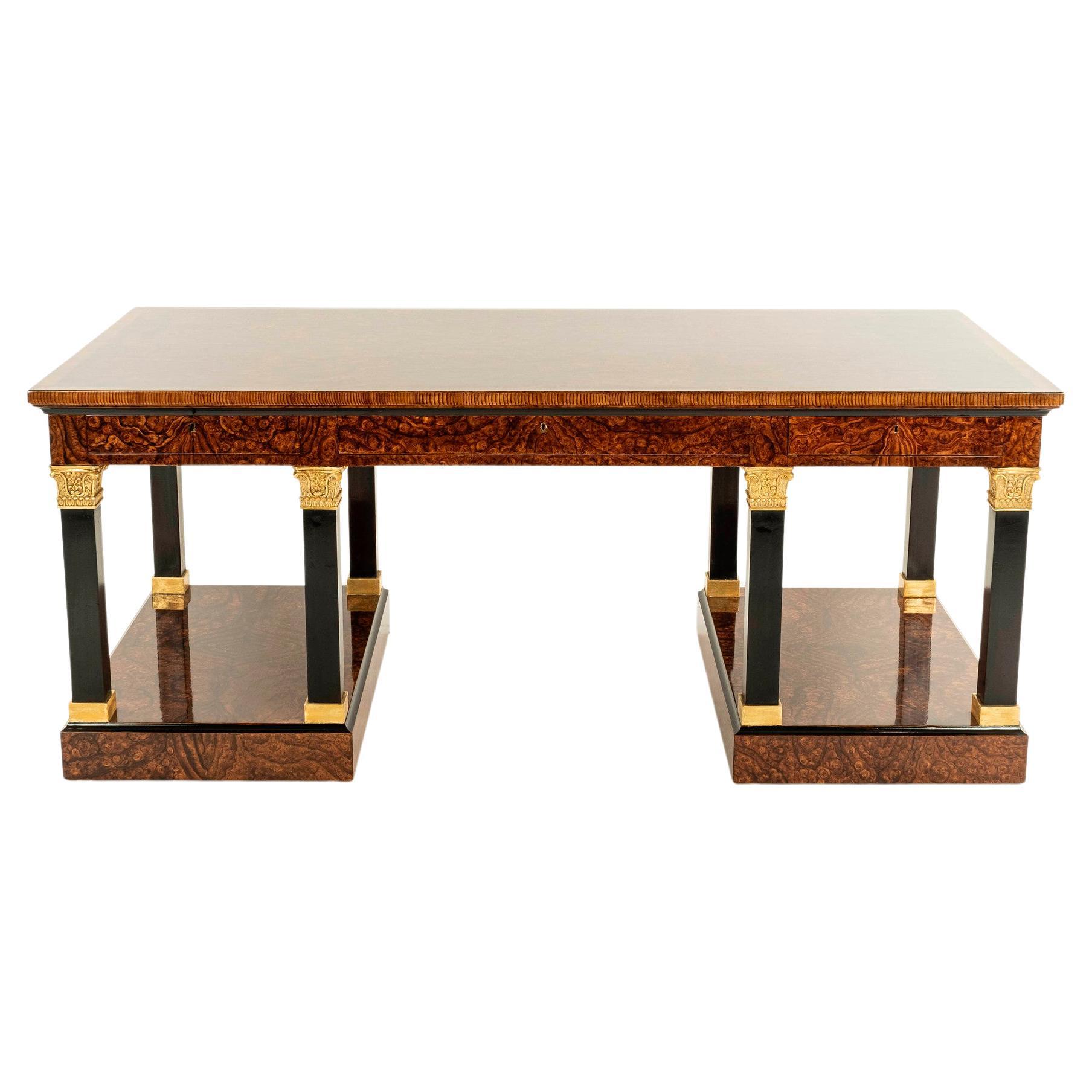 Neoclassical Style Lacquered Burl Wood Desk For Sale