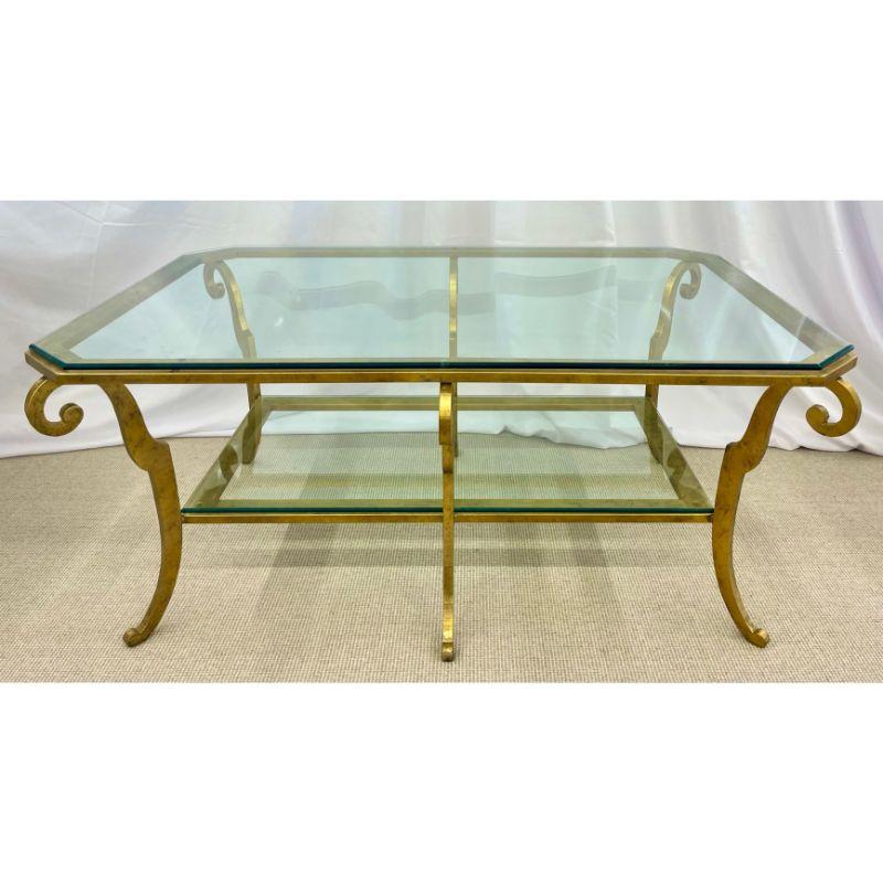 Neoclassical Style Large Gilt Metal Frame Coffee Table, Glass Top, French For Sale 10