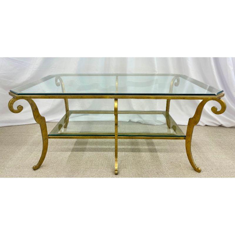 Neoclassical Style Large Gilt Metal Frame Coffee Table, Glass Top, French For Sale 11
