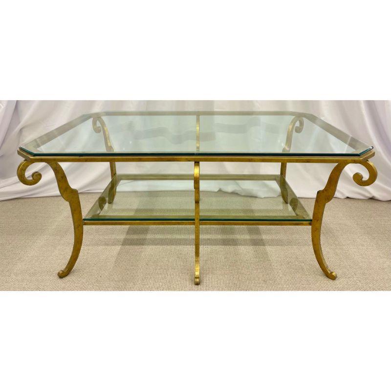 Neoclassical Style Large Gilt Metal Frame Coffee Table, Glass Top, French For Sale 12