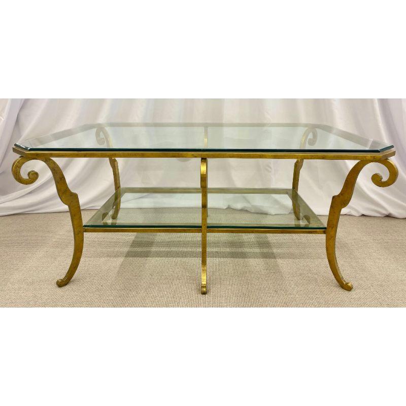 Neoclassical Style Large Gilt Metal Frame Coffee Table, Glass Top, French In Good Condition For Sale In Stamford, CT