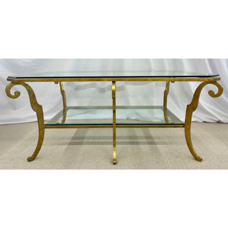 Mid-20th Century Neoclassical Style Large Gilt Metal Frame Coffee Table, Glass Top, French For Sale