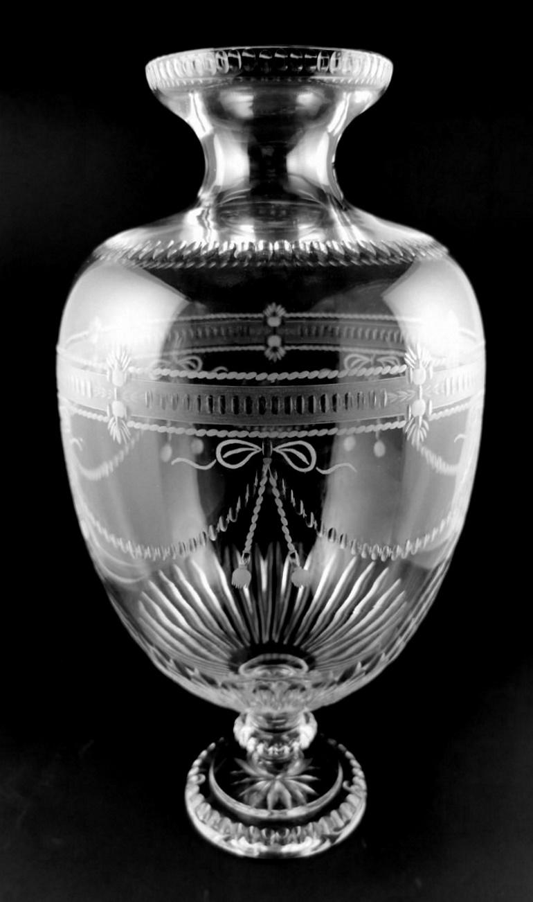 Hand-Crafted Neoclassical Style Large Italian Crystal Vase with 18th Century Engravings For Sale
