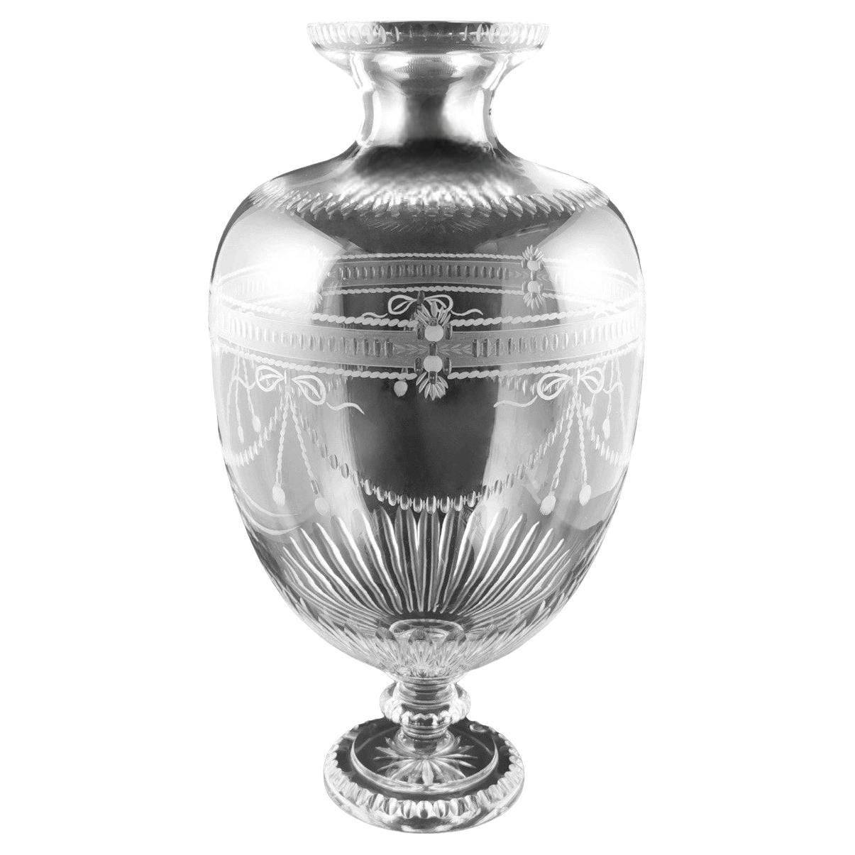 Neoclassical Style Large Italian Crystal Vase with 18th Century Engravings For Sale