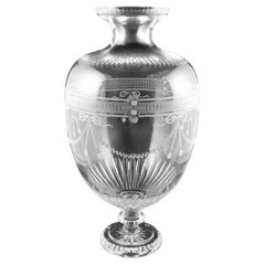 Used Neoclassical Style Large Italian Crystal Vase with 18th Century Engravings