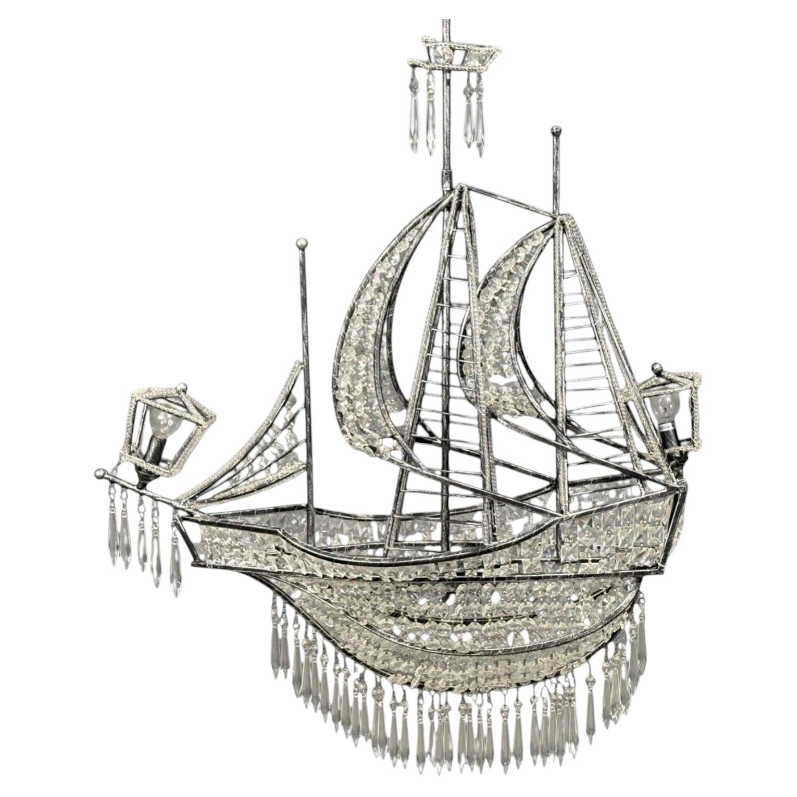 Neoclassical Style, Large Sail Boat Chandelier, Iron, Crystal, 2000s For Sale