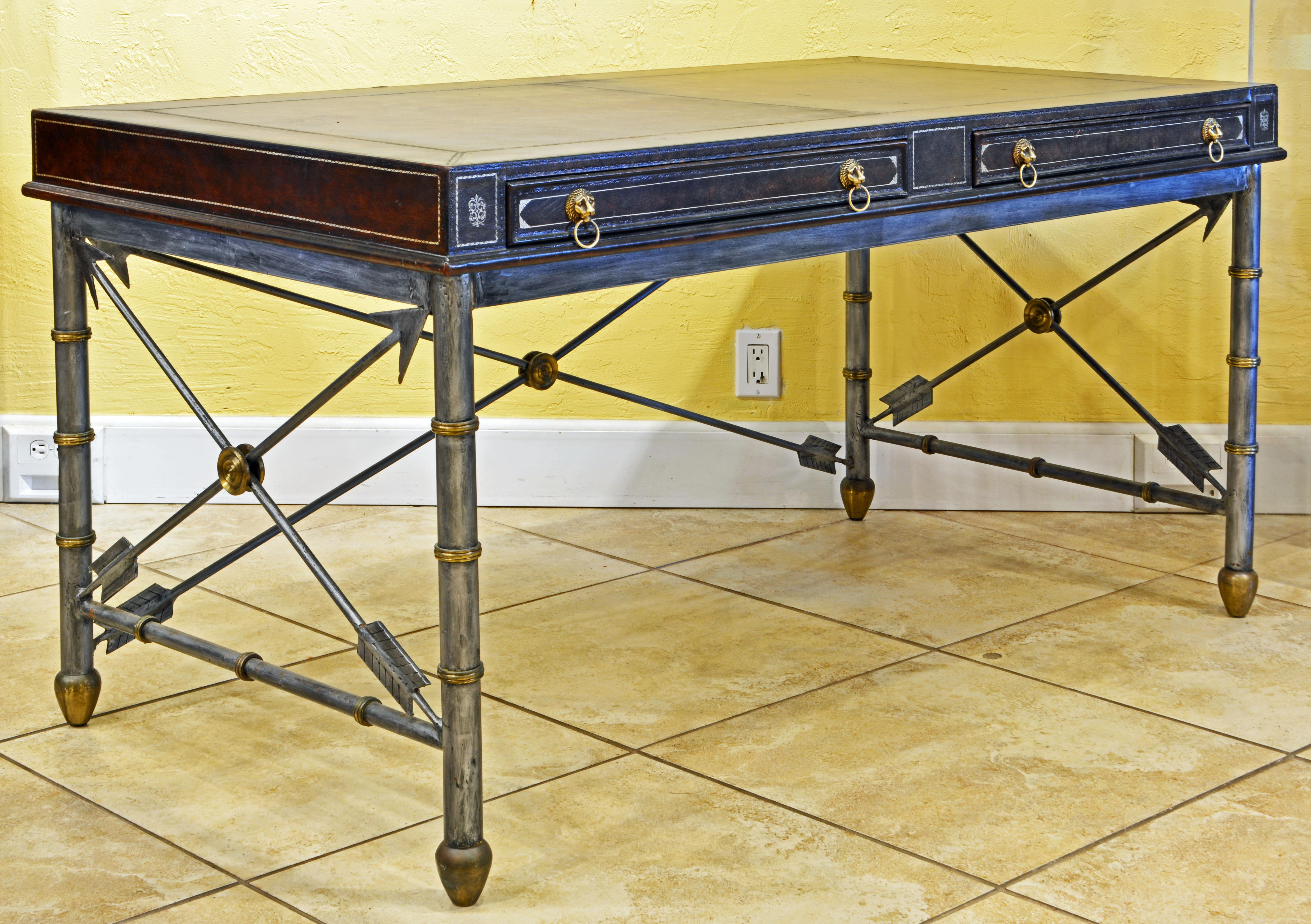 American Neoclassical Style Leather Desk on Arrow Metal Base by Maitland Smith