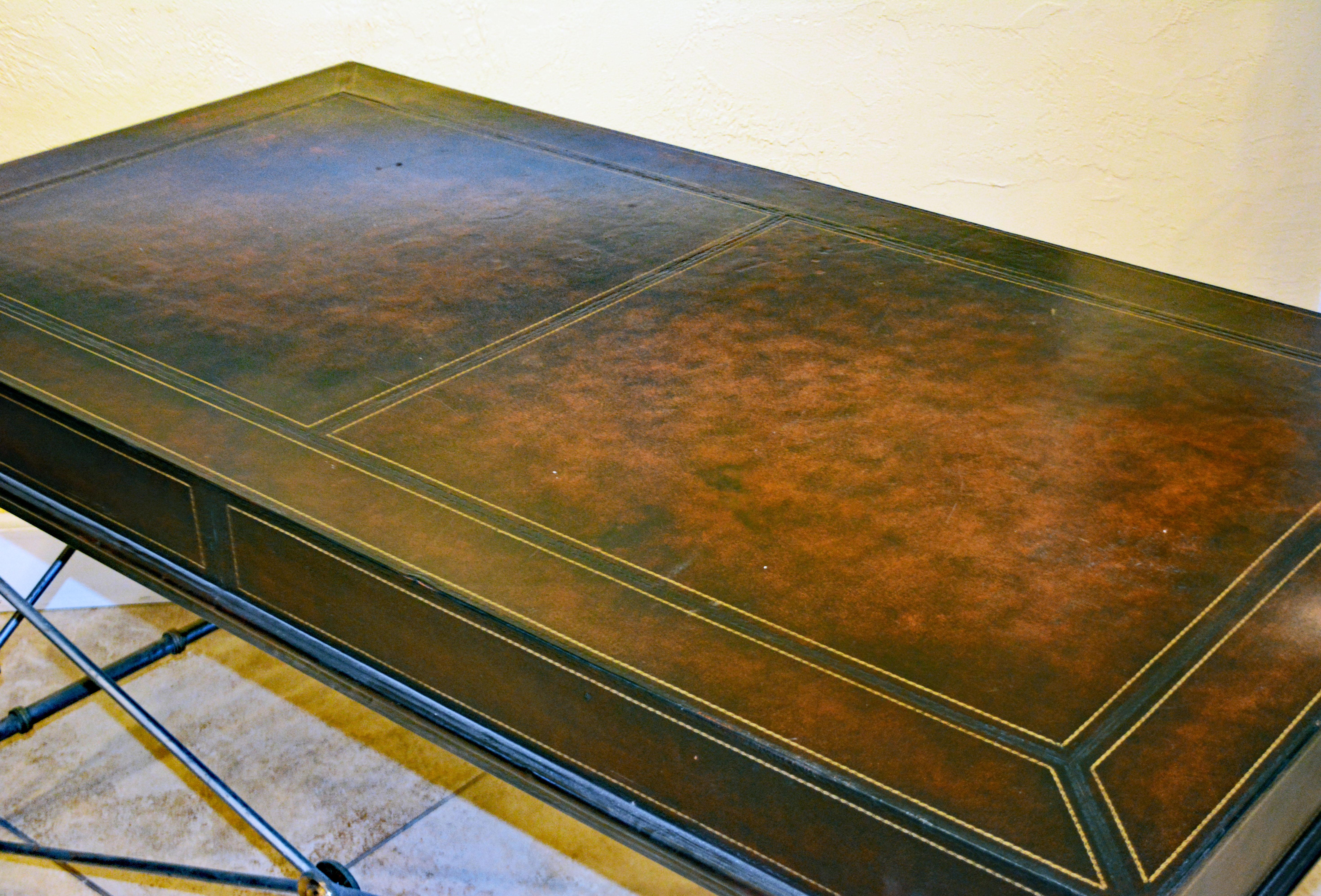 Neoclassical Style Leather Desk on Arrow Metal Base by Maitland Smith In Good Condition In Ft. Lauderdale, FL