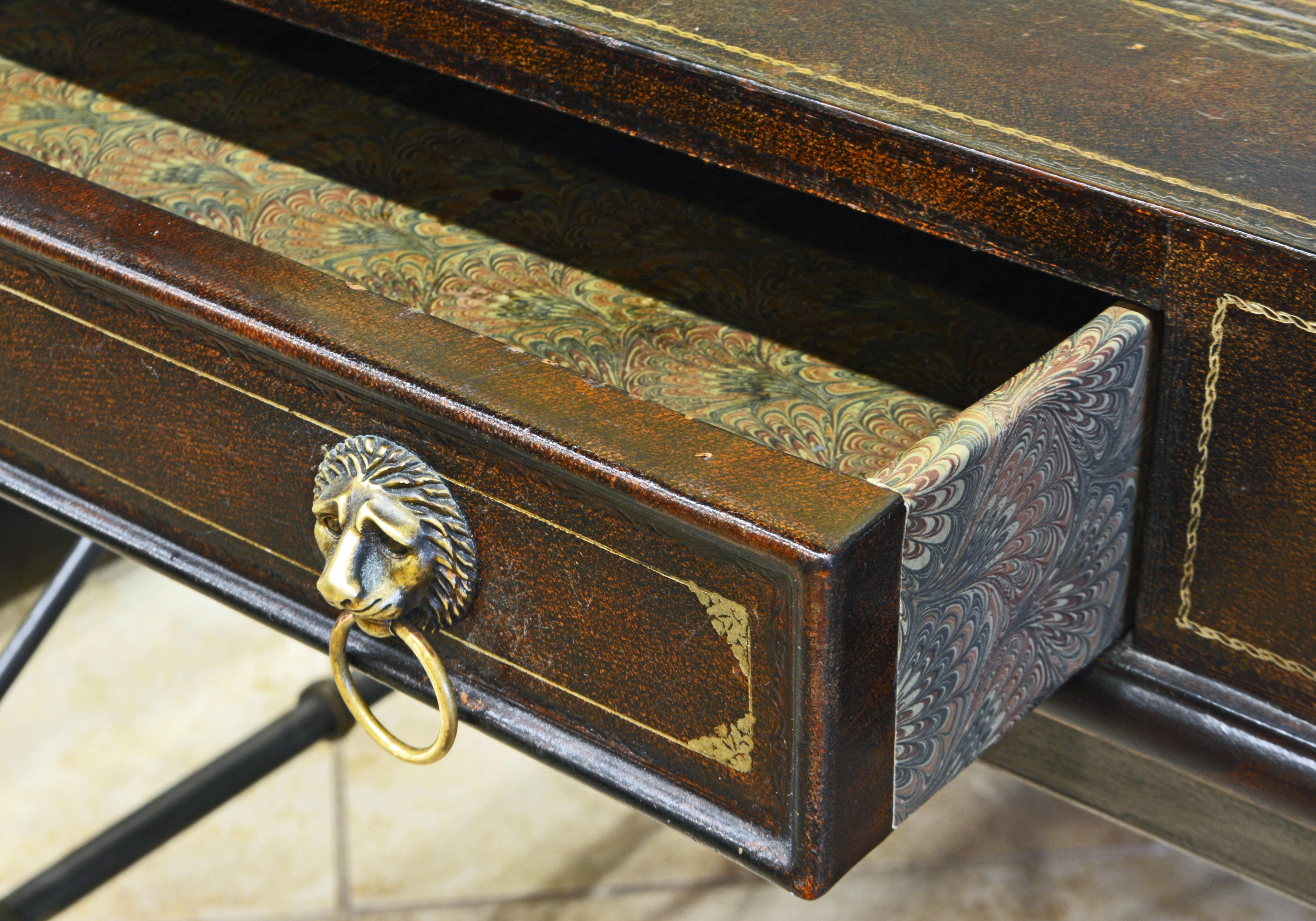 Brass Neoclassical Style Leather Desk on Arrow Metal Base by Maitland Smith