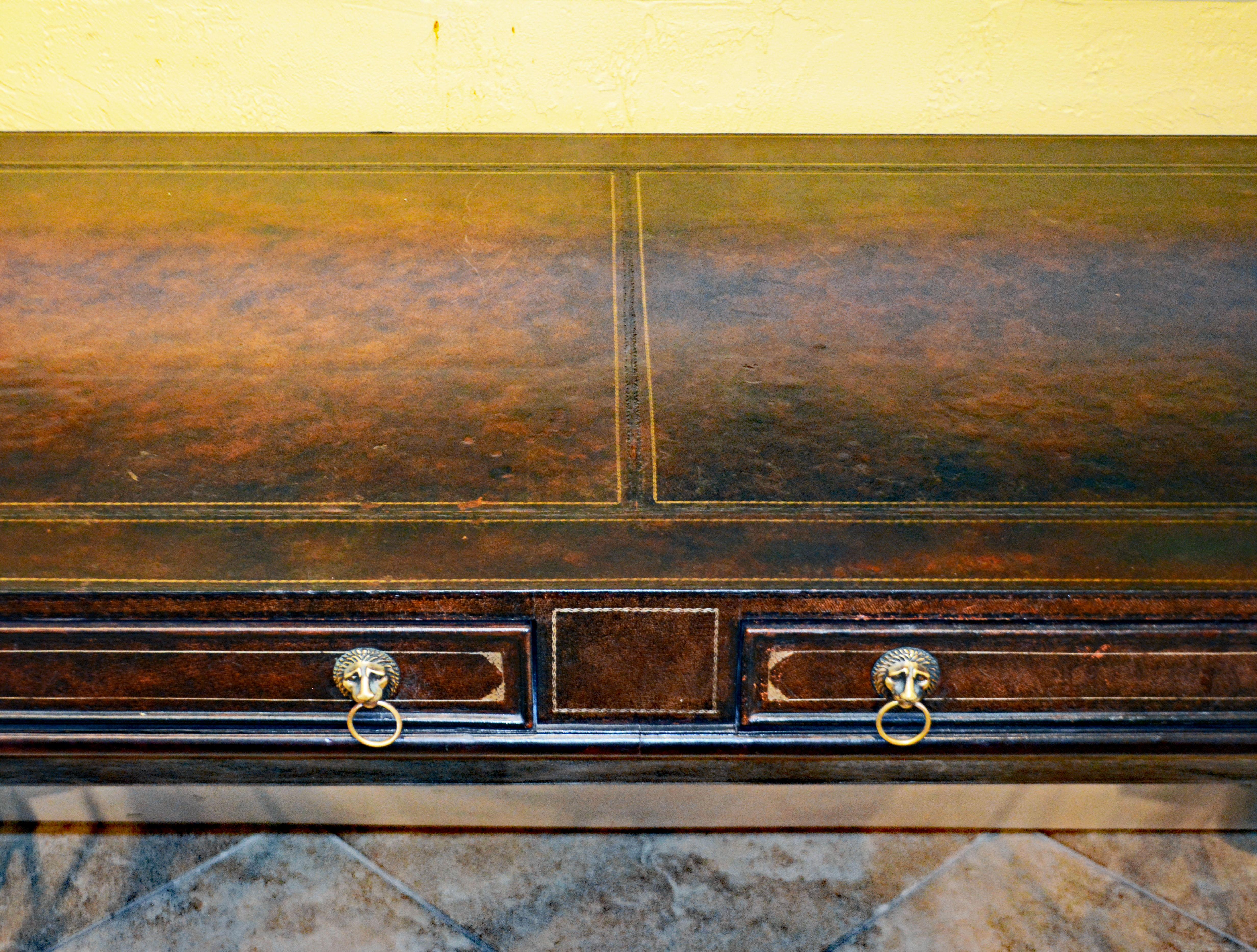 Neoclassical Style Leather Desk on Arrow Metal Base by Maitland Smith 1