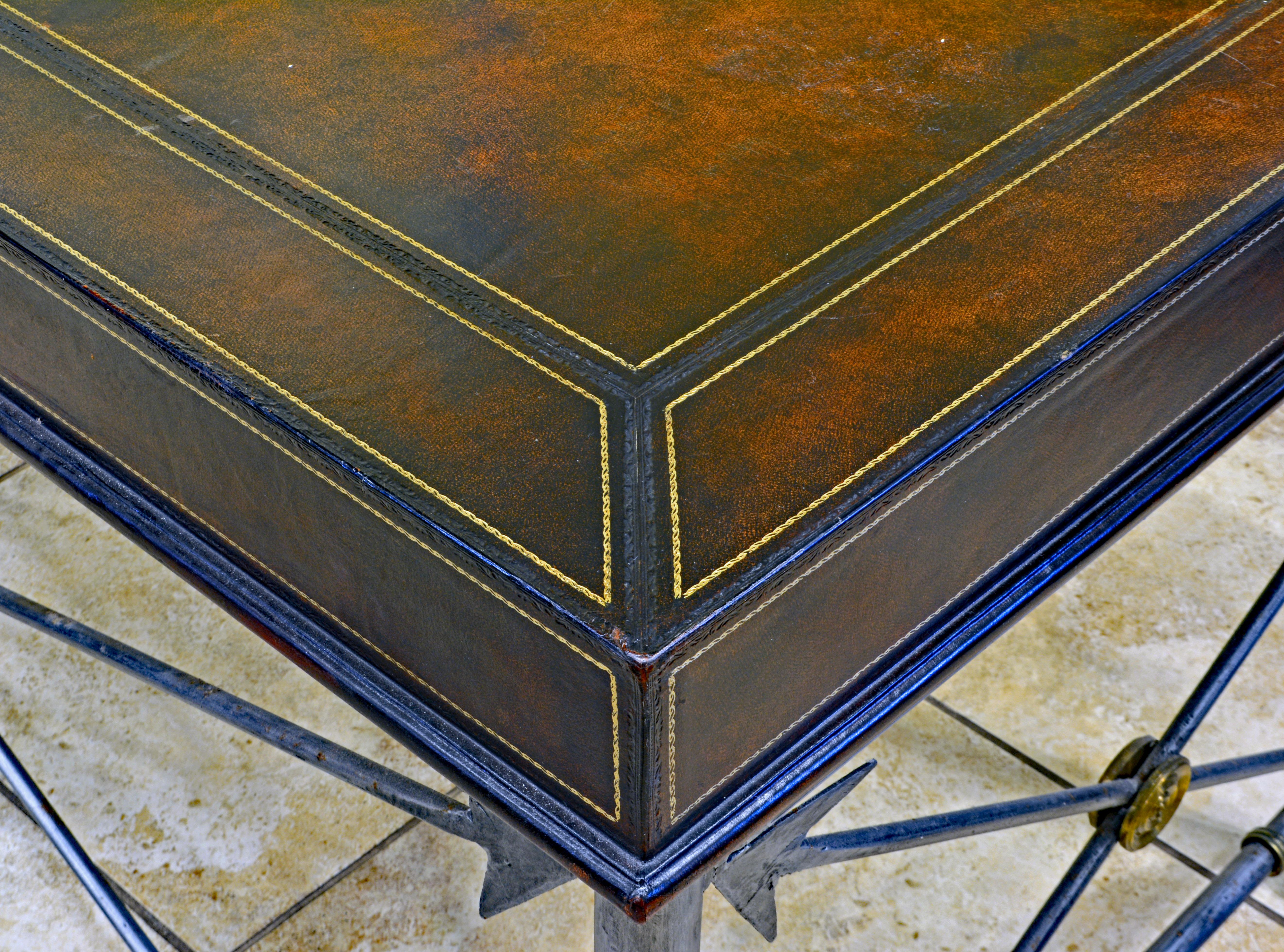 American Neoclassical Style Leather Lined Desk on Arrow Metal Base by Maitland Smith