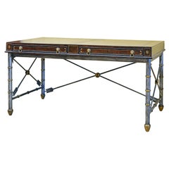 Neoclassical Style Leather Lined Desk on Arrow Metal Base by Maitland Smith