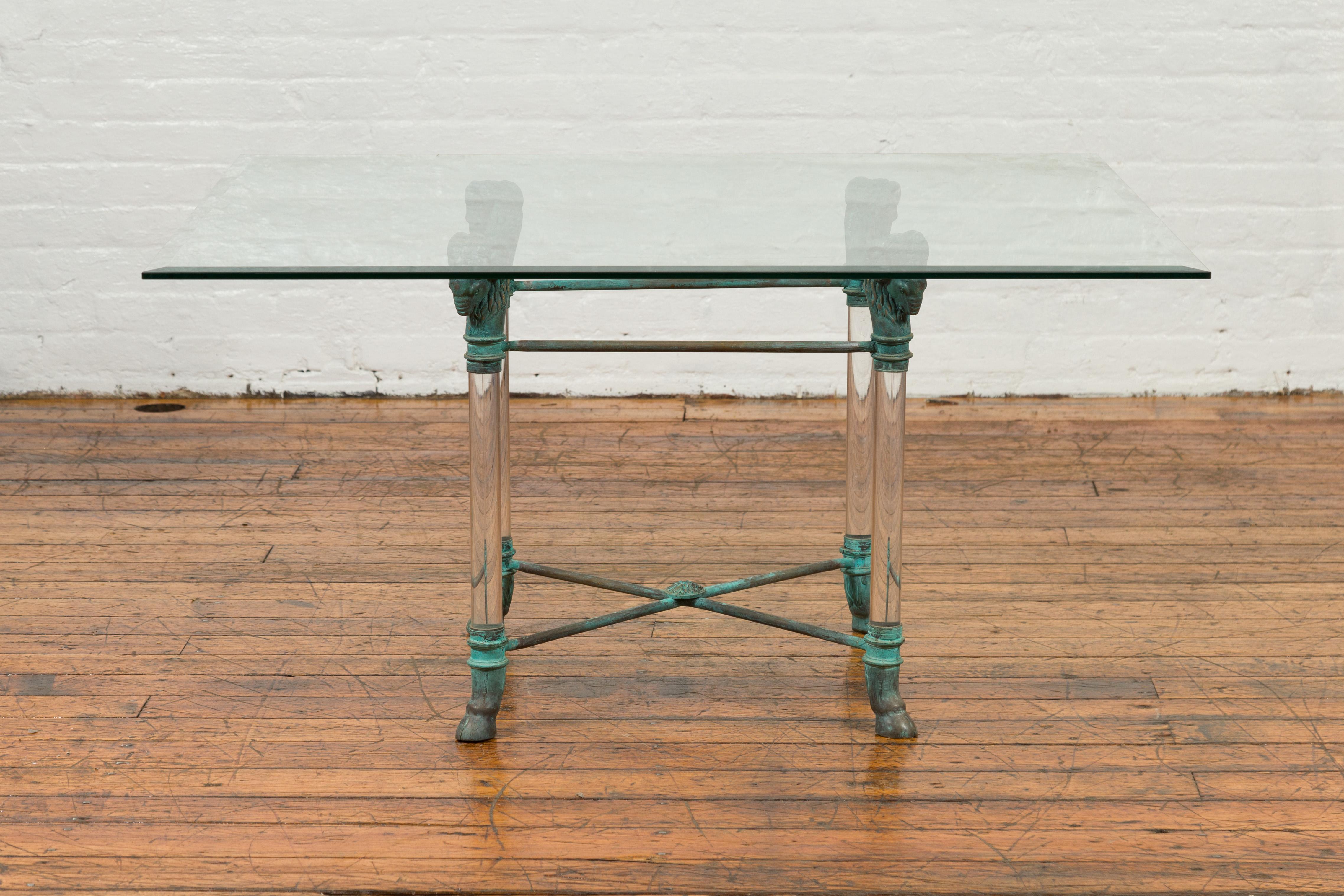 Neoclassical Style Lucite and Verde Bronze Coffee Table Base with Rams Heads For Sale 8