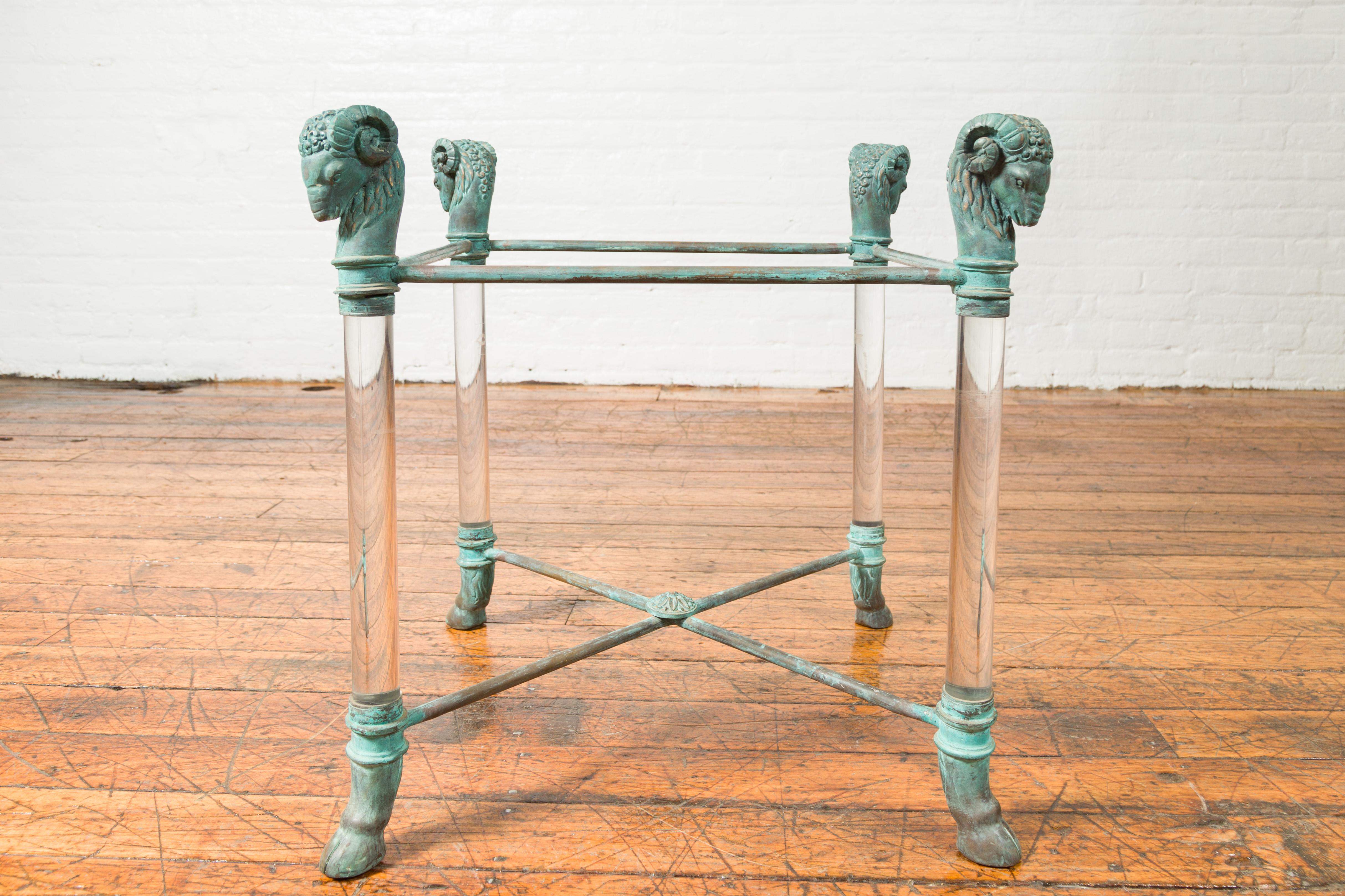 Contemporary Neoclassical Style Lucite and Verde Bronze Coffee Table Base with Rams Heads For Sale