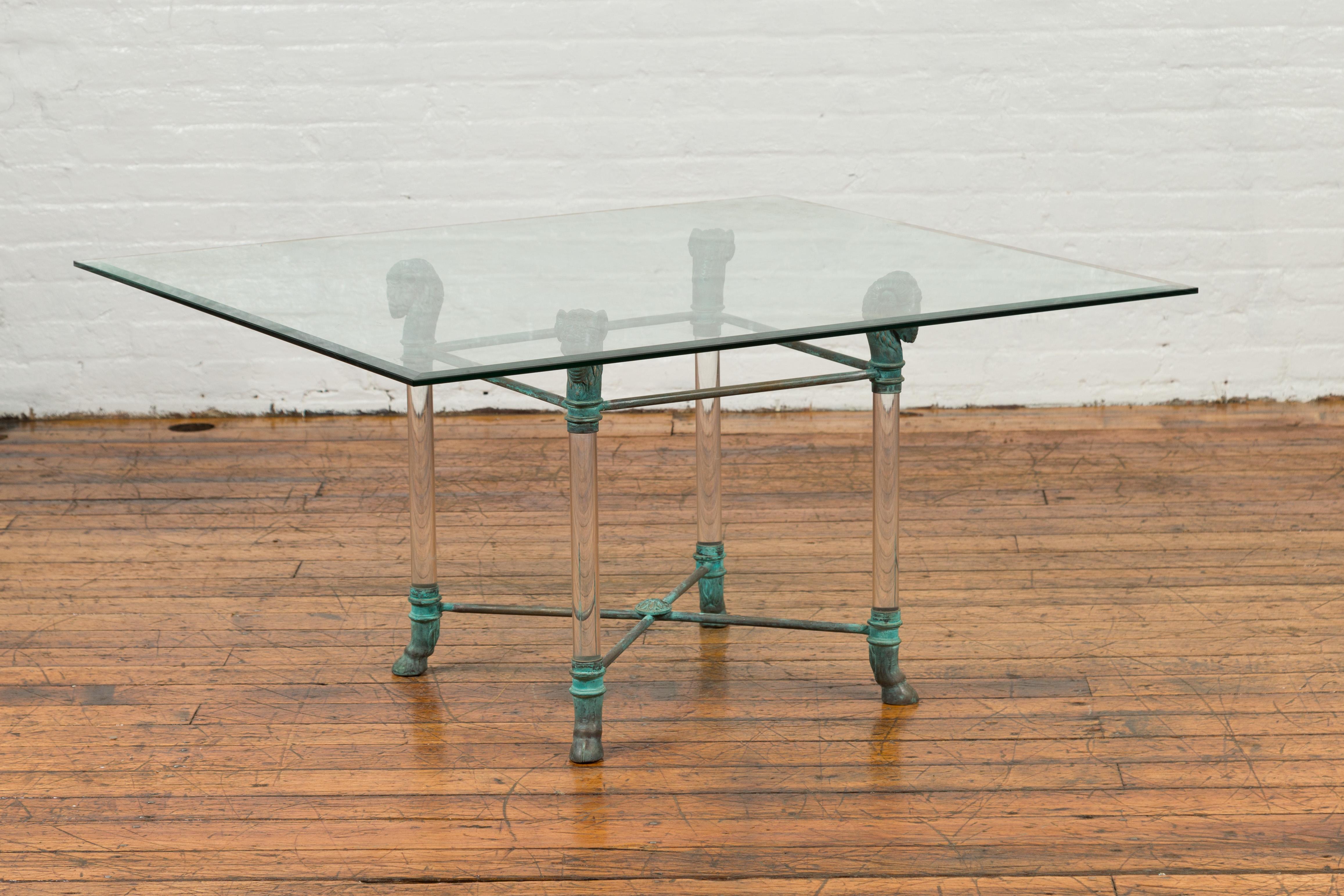 Neoclassical Style Lucite and Verde Bronze Coffee Table Base with Rams Heads For Sale 3