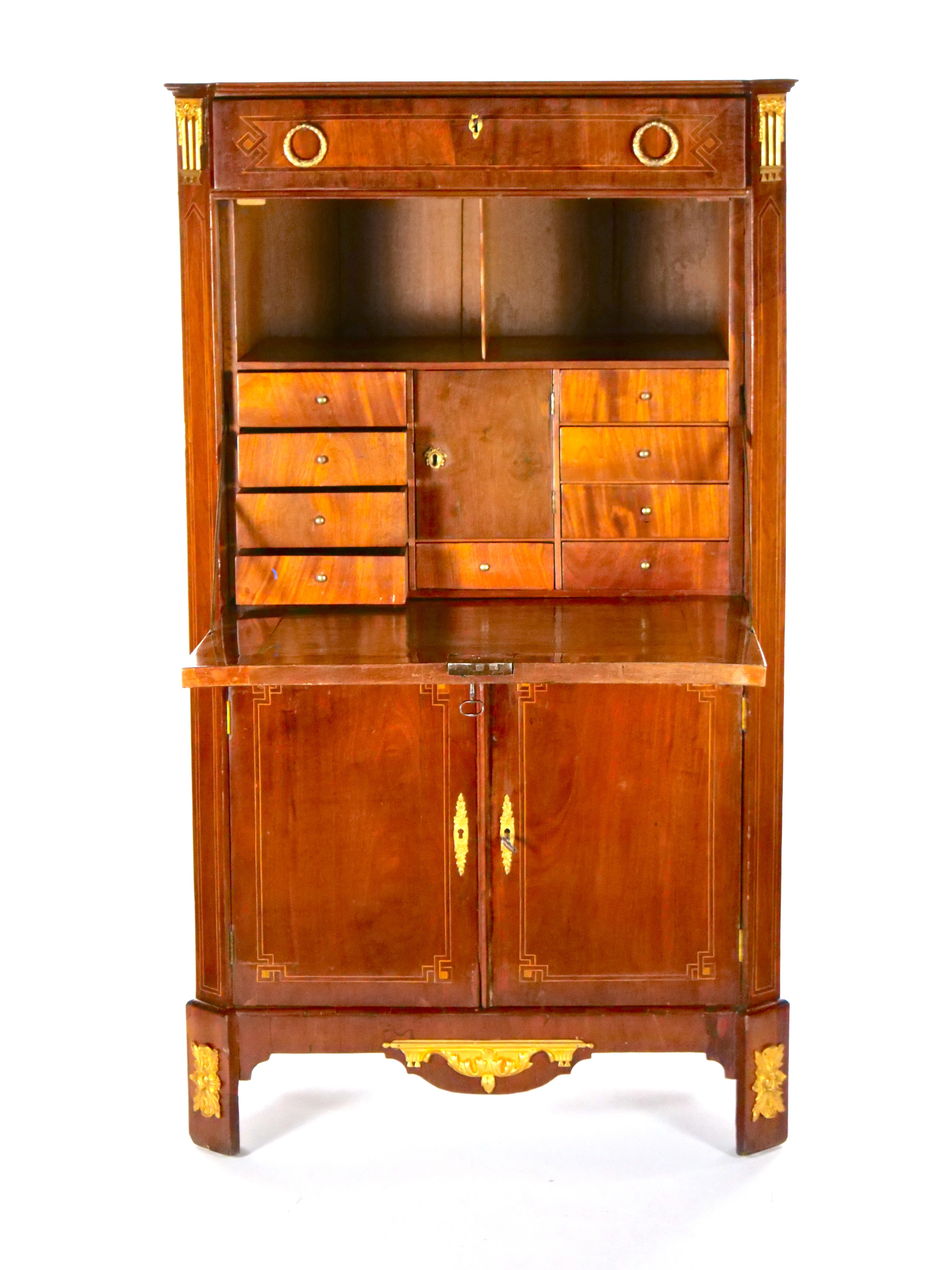 Hand-Carved Neoclassical Style Mahogany Bronze Ormolu Mounted Secretaire For Sale