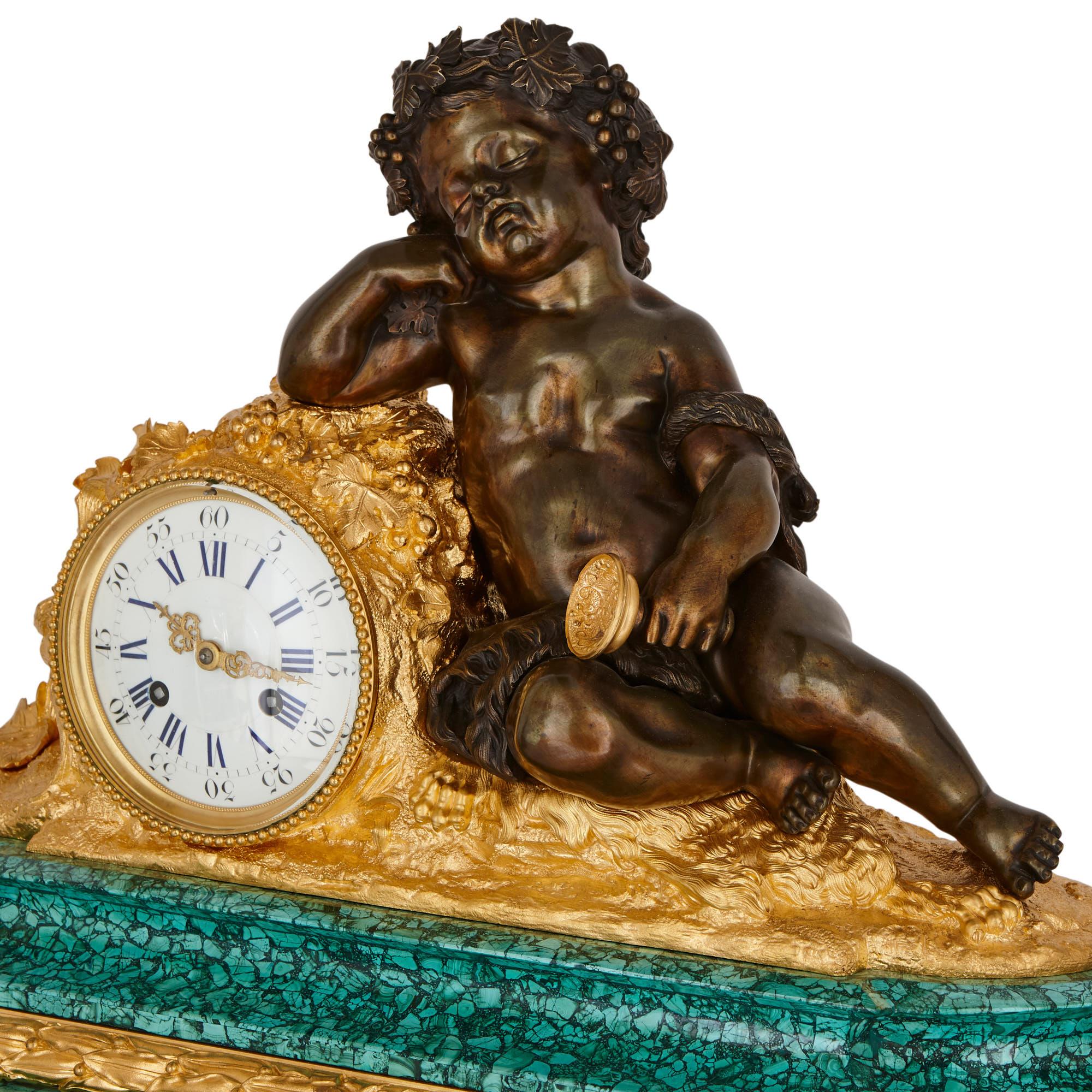 French Neoclassical Style Malachite and Gilt Bronze Mounted Clock Set For Sale