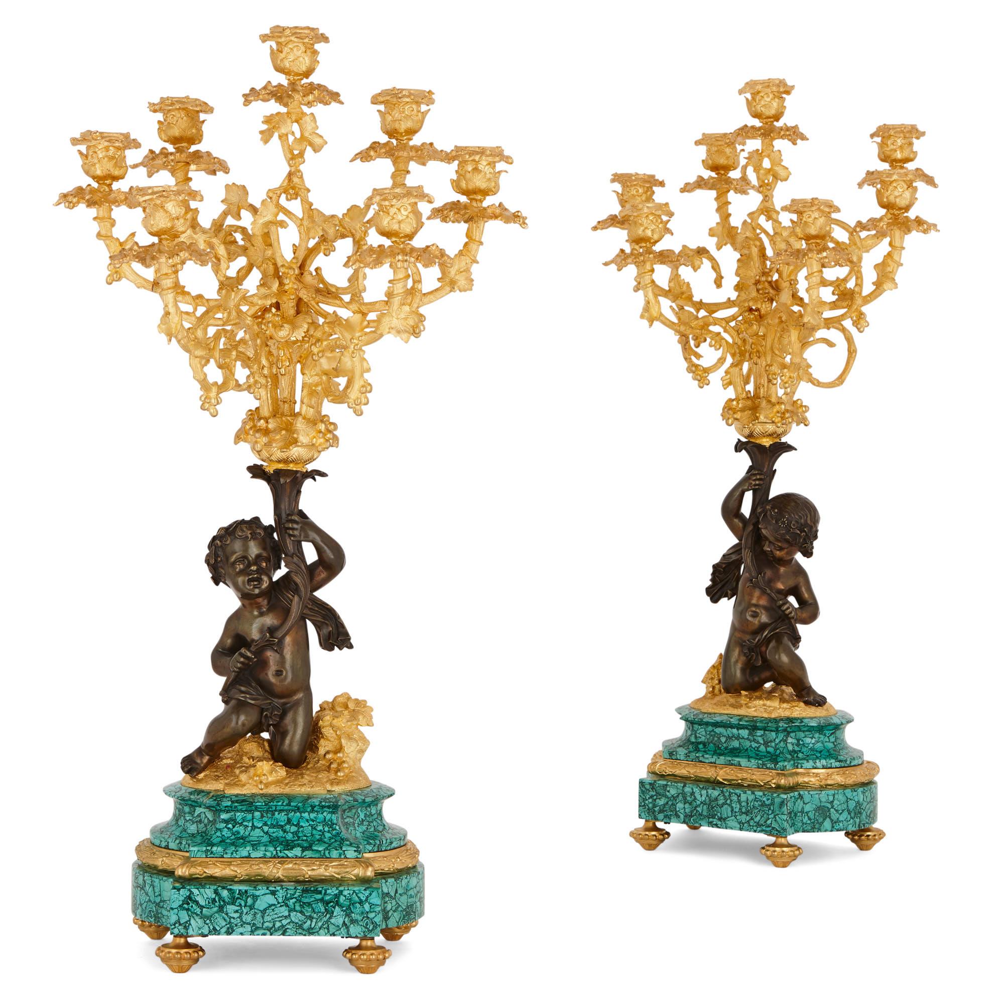 19th Century Neoclassical Style Malachite and Gilt Bronze Mounted Clock Set For Sale