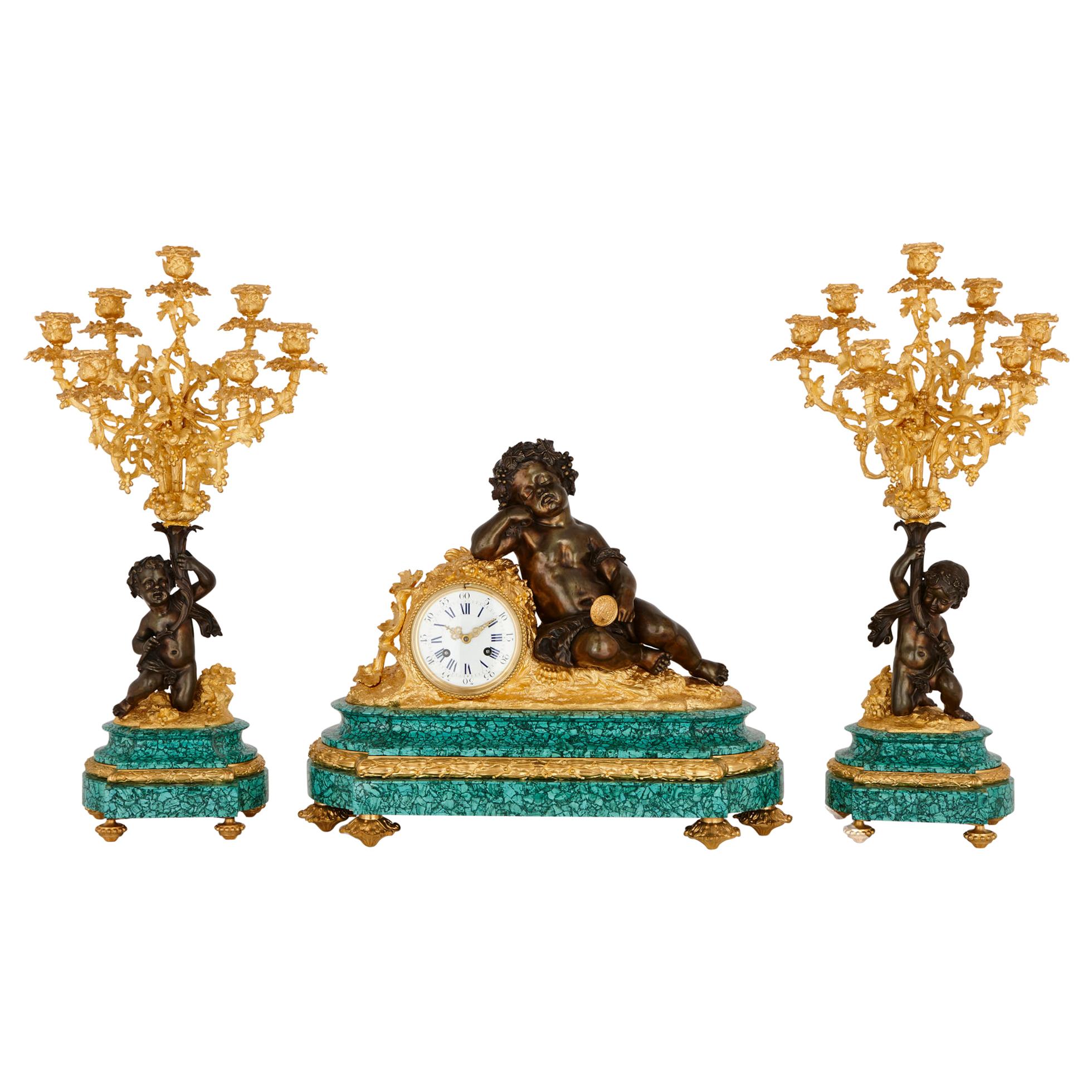Neoclassical Style Malachite and Gilt Bronze Mounted Clock Set