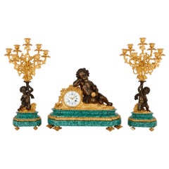 Antique Neoclassical Style Malachite and Gilt Bronze Mounted Clock Set