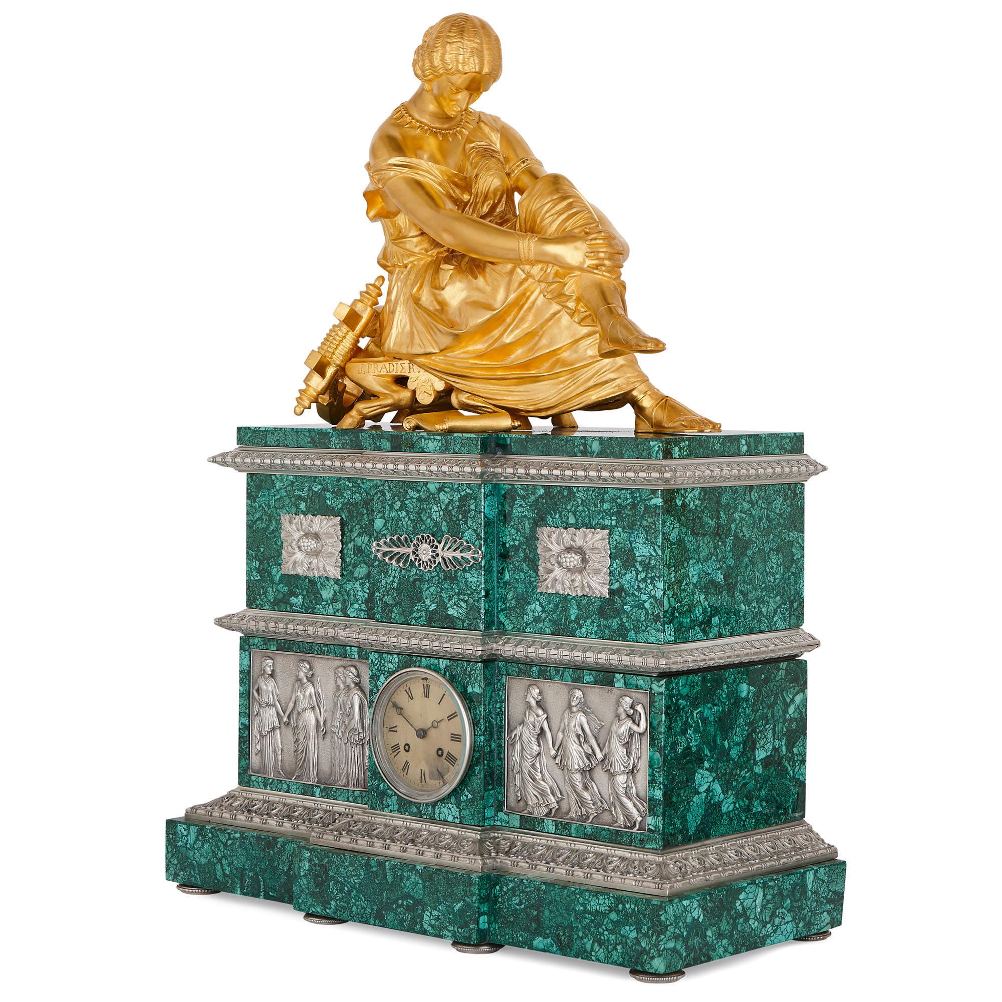 Neoclassical Style Malachite, Silvered and Gilt Bronze Clock Set In Good Condition For Sale In London, GB