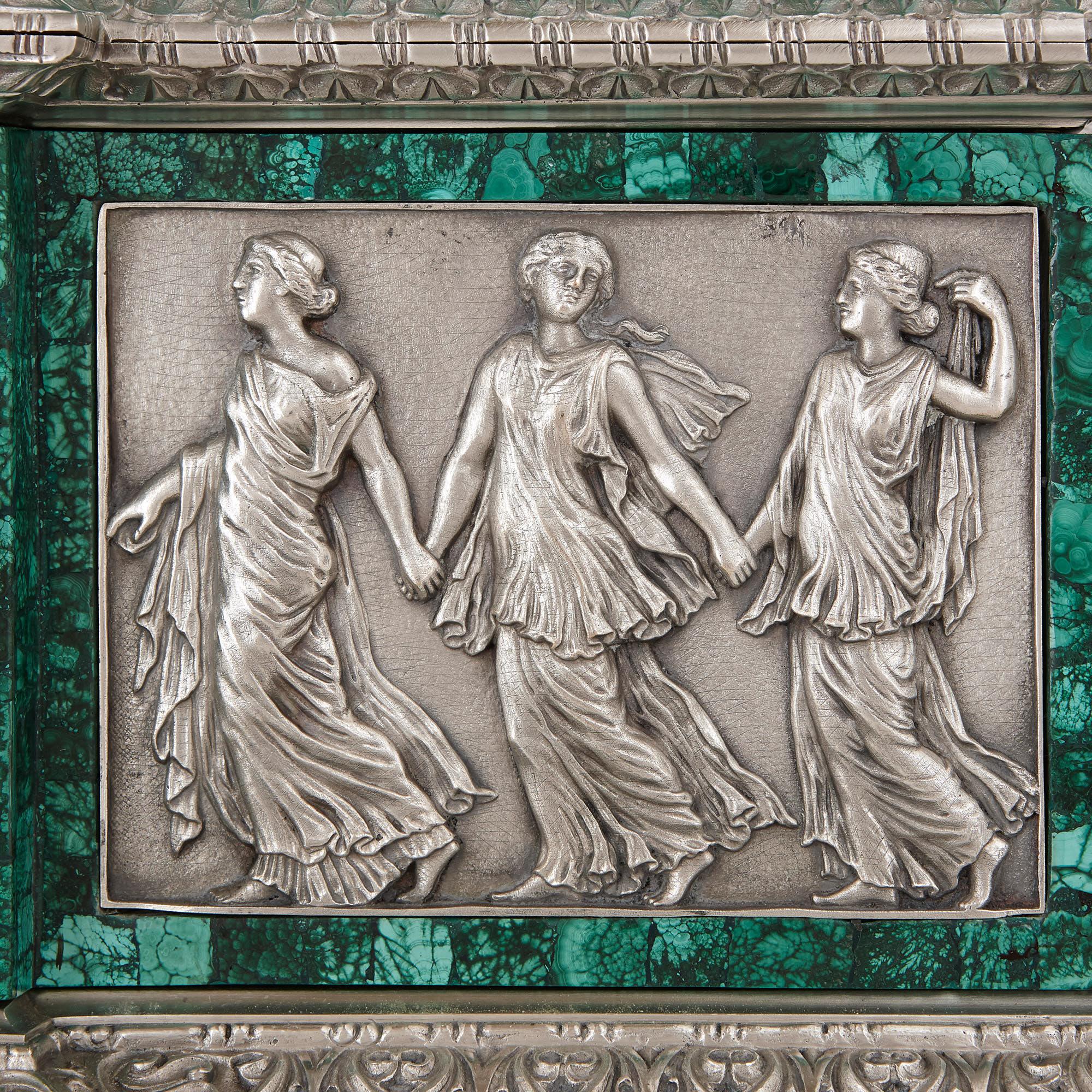Neoclassical Style Malachite, Silvered and Gilt Bronze Clock Set For Sale 2