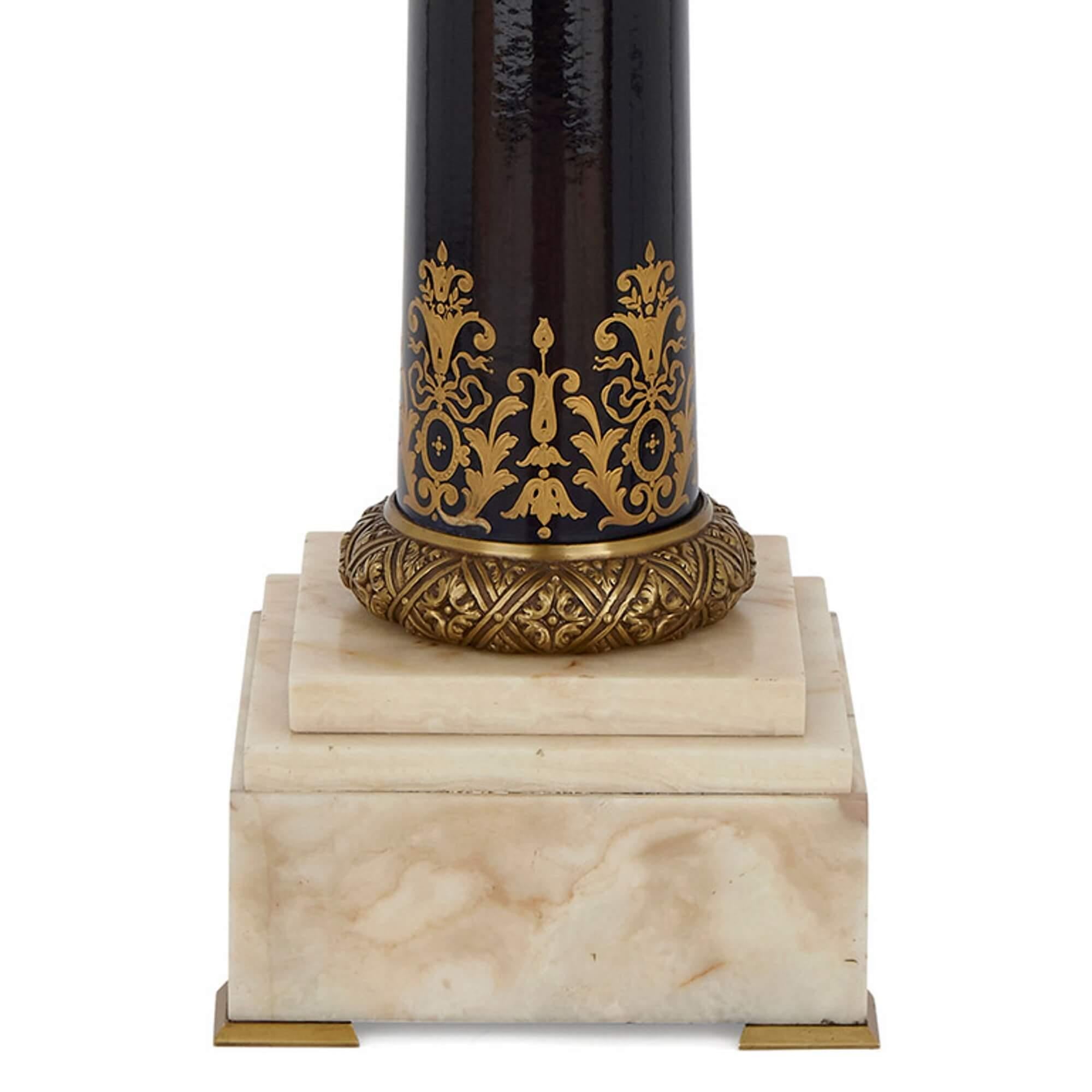 Neoclassical style marble and porcelain pedestal
French, late 19th century
Measures: Height 108cm, width 30cm, depth 30cm

This Fine column-form pedestal is crafted in the Neoclassical style from Sèvres style porcelain, gilt bronze, and marble.