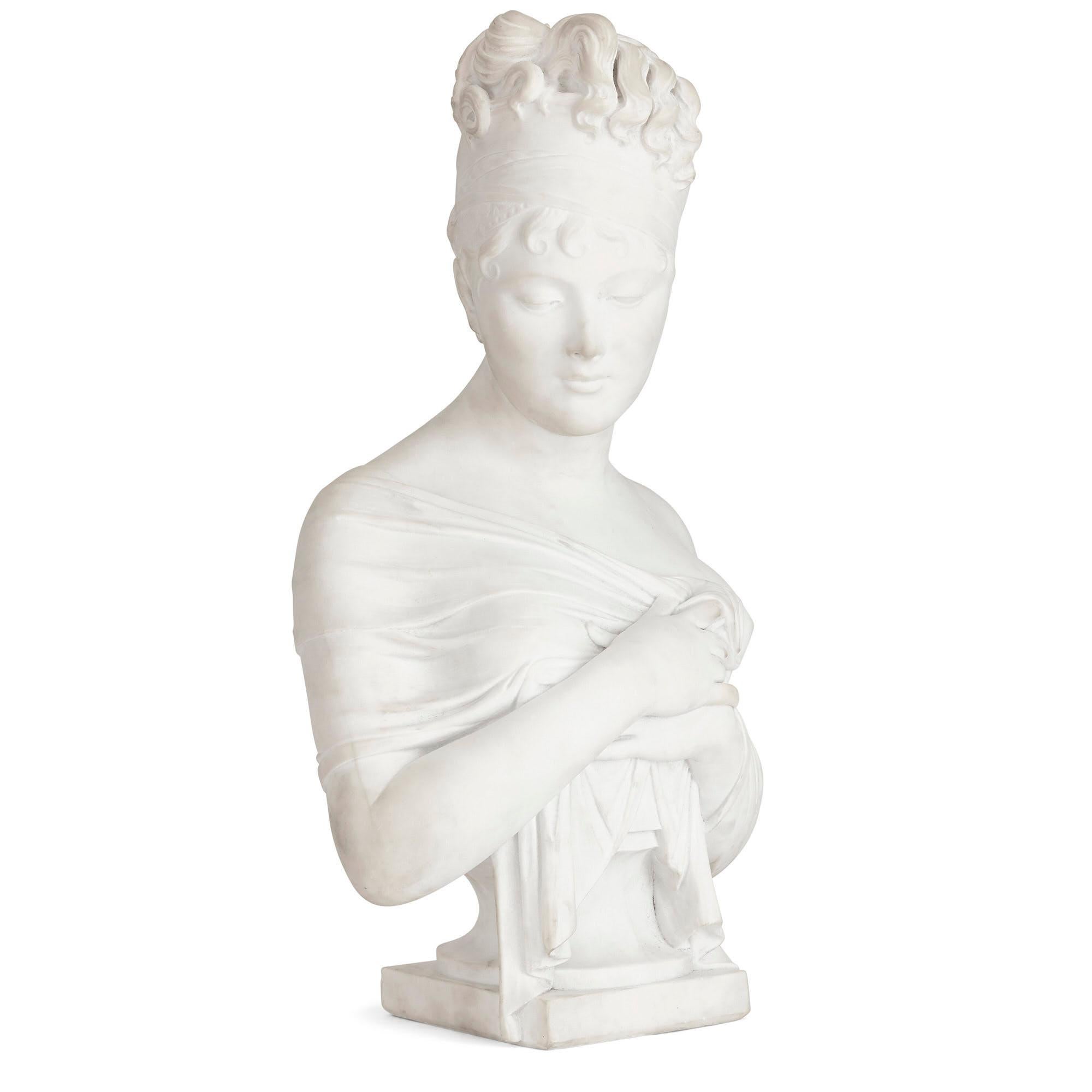 Neoclassical style marble female bust after Joseph Chinard
French, late 19th century
Measures: Height 63cm, width 33cm, depth 20cm

Portraying Madame Récamier, a leading advocate of the neoclassical style in early 19th century France, this