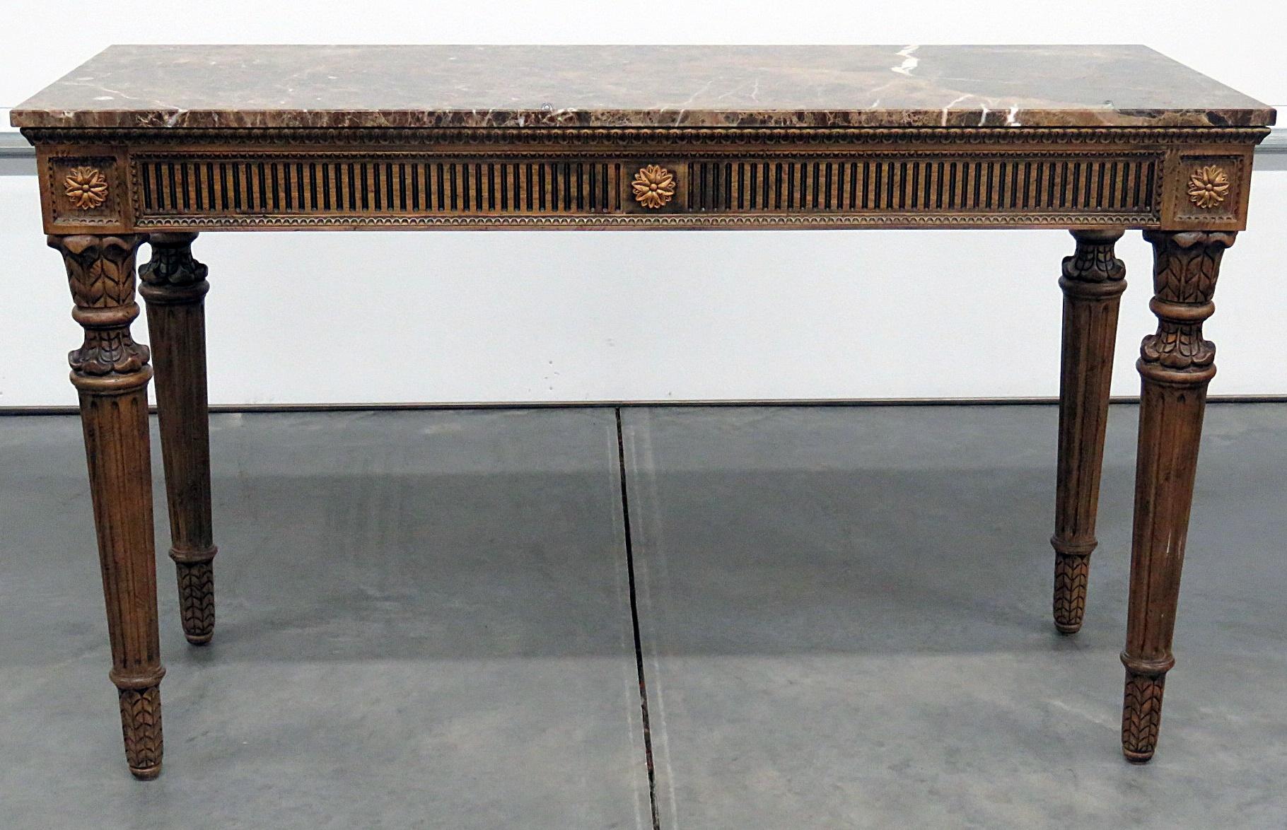 Neoclassical style distressed paint decorated marble-top console table with gilt accents.