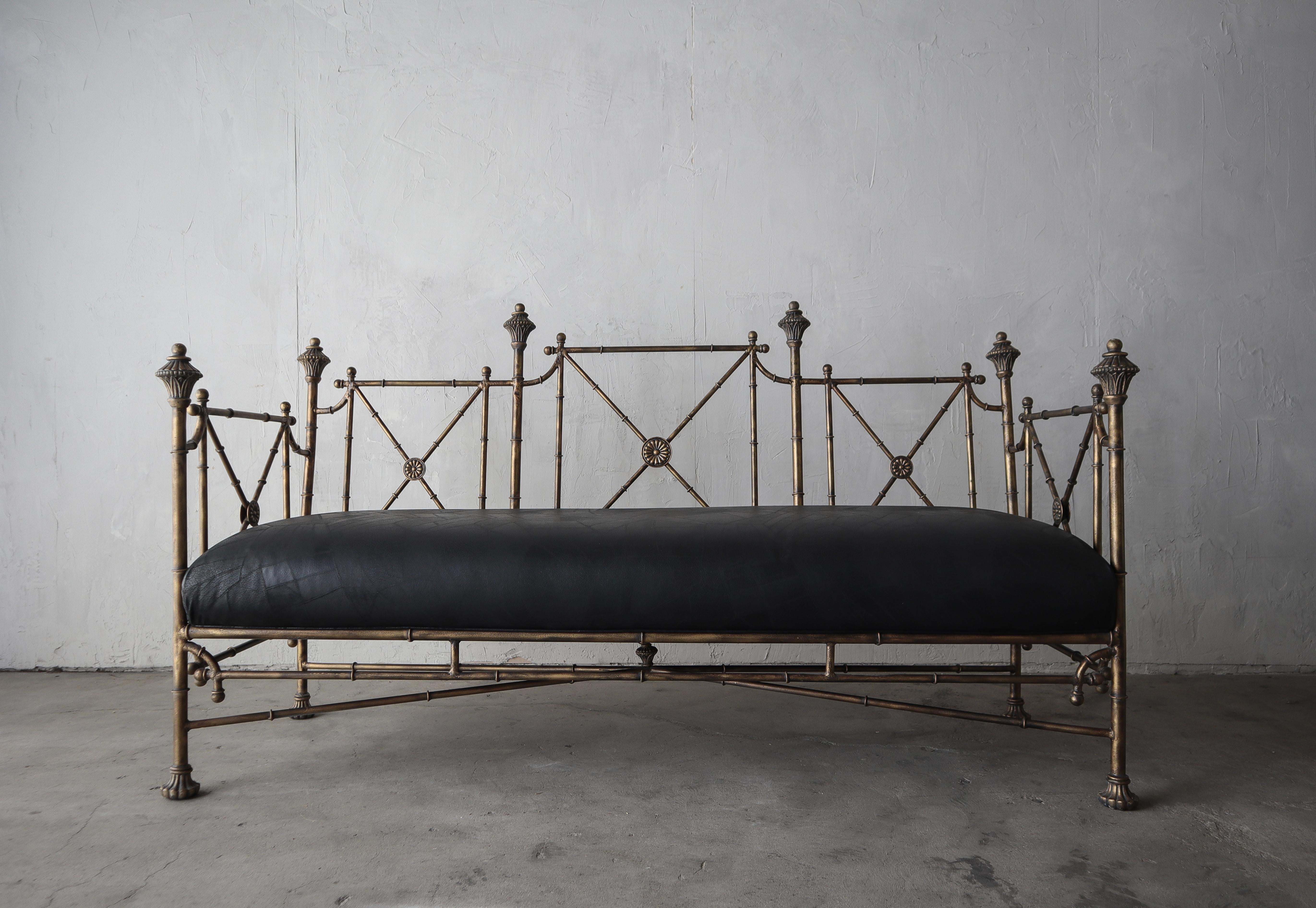 Gorgeous metal bamboo settee daybed. Love the details on this piece, the settee favors regency and neoclassical designs. Would be perfect in a little girls room or meshed with any eclectic decor.

Settee is in excellent, all original condition