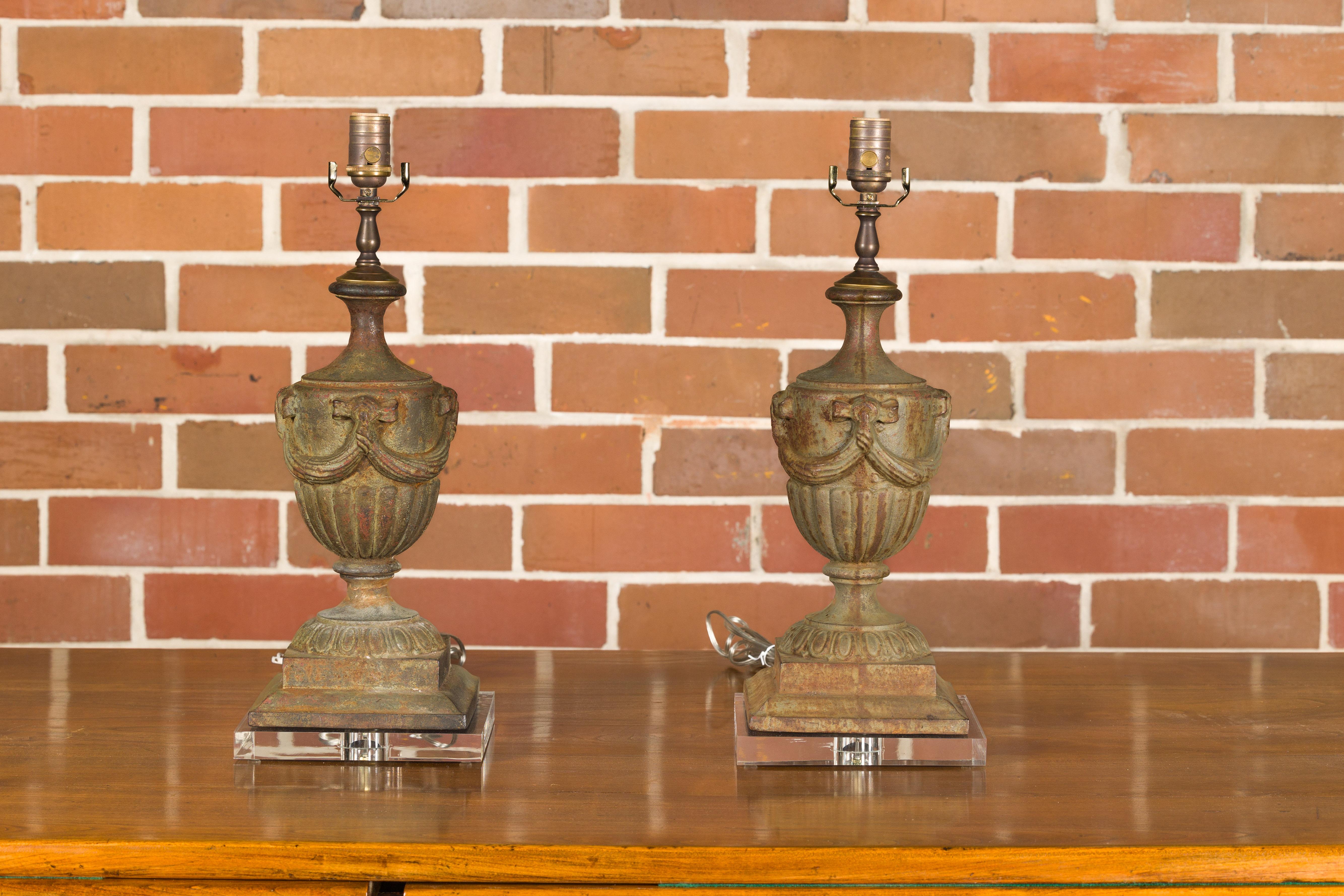 Neoclassical Style Midcentury Iron Table Lamps on Lucite Bases, a Pair In Good Condition For Sale In Atlanta, GA