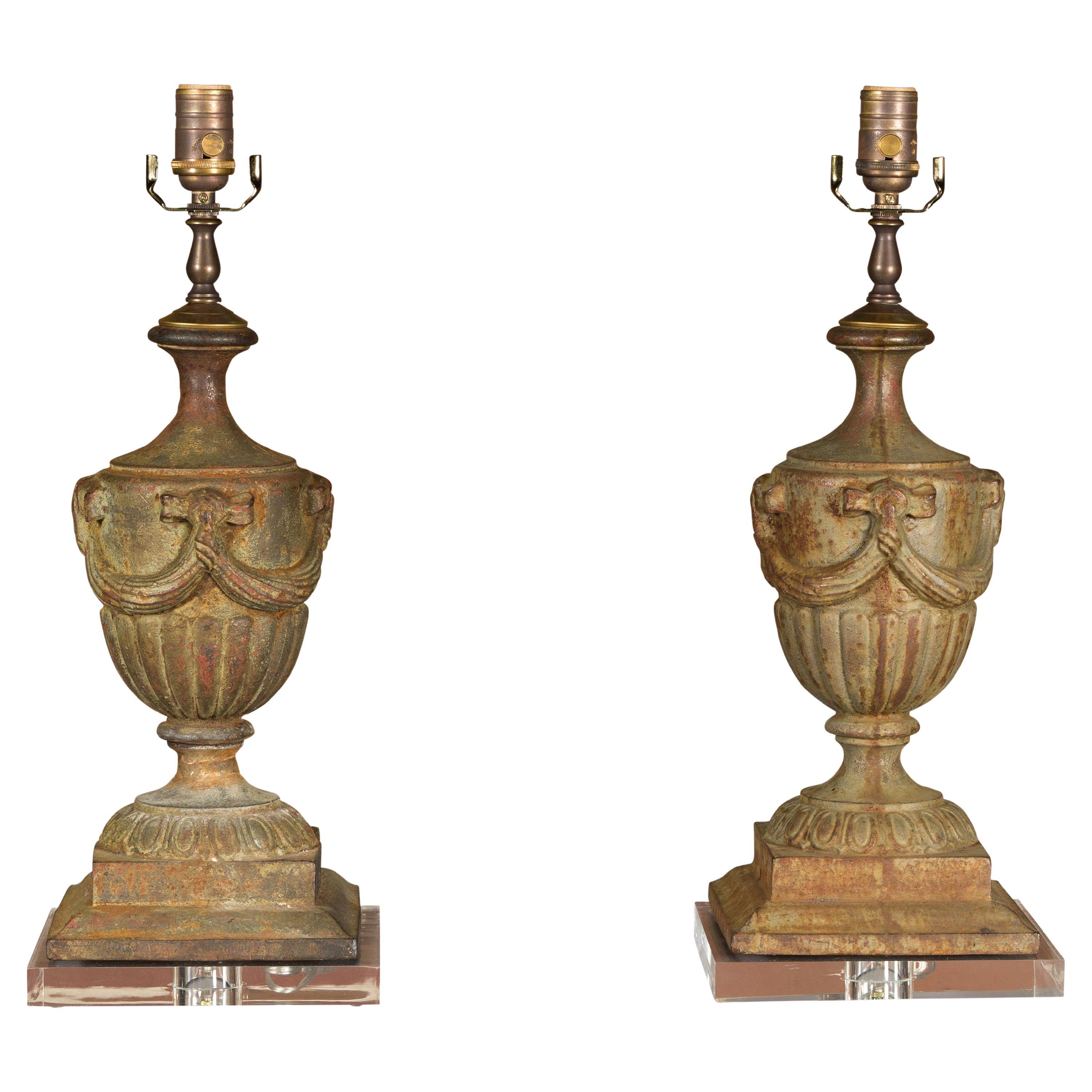 Neoclassical Style Midcentury Iron Table Lamps on Lucite Bases, a Pair For Sale