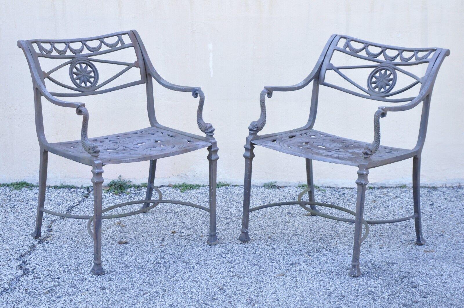 Neoclassical style Molla style Dolphin cast Aluminum Patio settee & chairs 3 Pcs. Item features (2) armchairs, (1) loveseat/settee, dolphin accents, ornate seat, tapered legs, great style and form, unmarked, maker unconfirmed. Circa late 20th