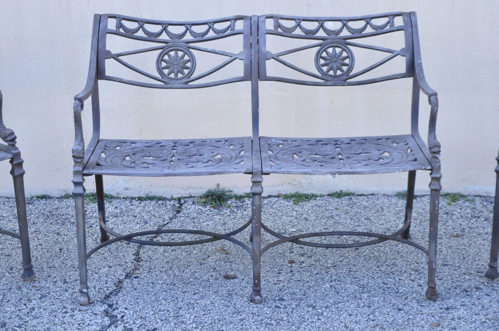 Neoclassical Style Molla Style Dolphin Cast Aluminum Patio Settee & Chairs 3 Pcs In Good Condition In Philadelphia, PA