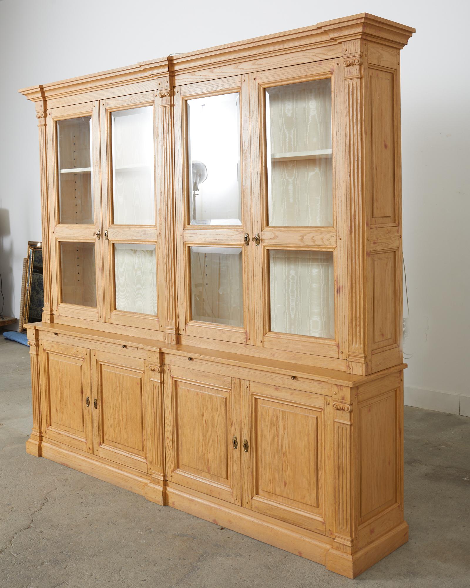 Neoclassical Style Oak Library Bookcase with Beveled Glass Doors For Sale 1