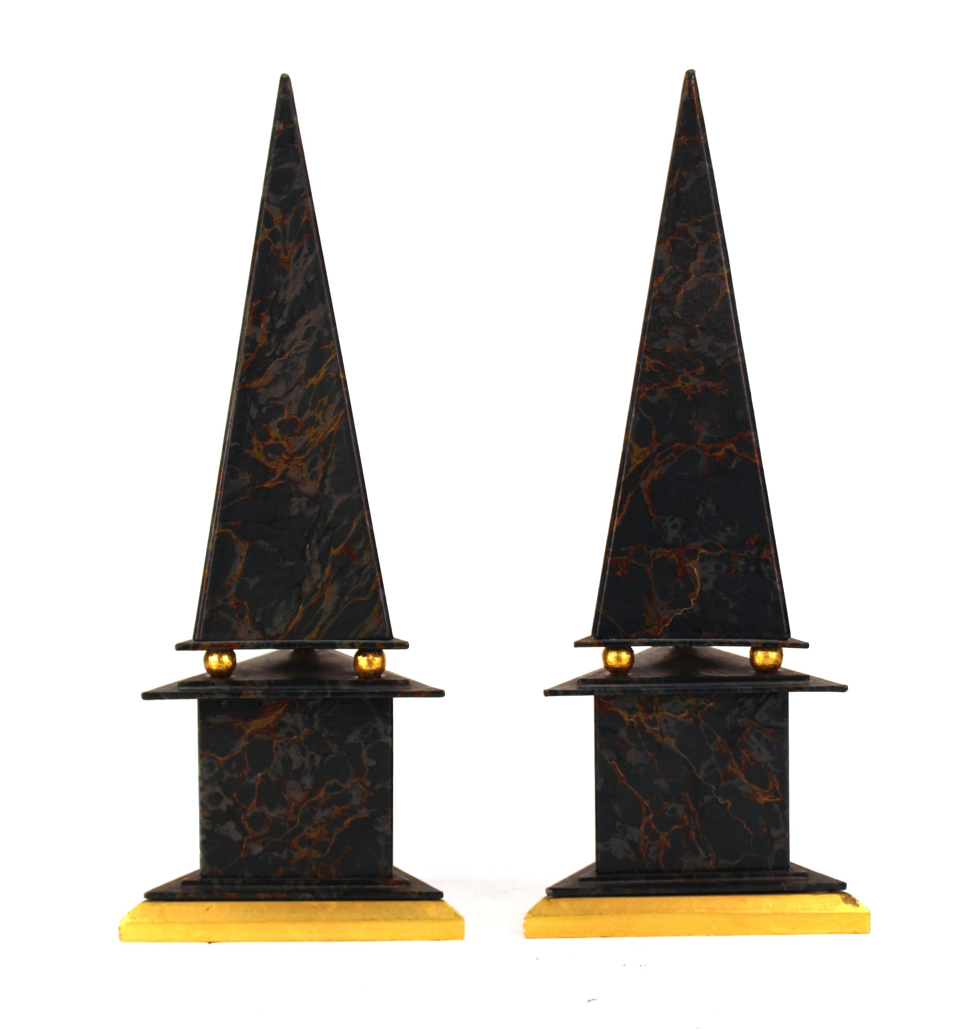 Neoclassical Revival Neoclassical Style Obelisks in Marbled Paper and Gold Foil For Sale